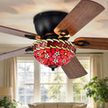 Chergo 52 Inch Flushmount Lighted Ceiling Fan Red Flower Tiffany Glass Lamp Black Finish