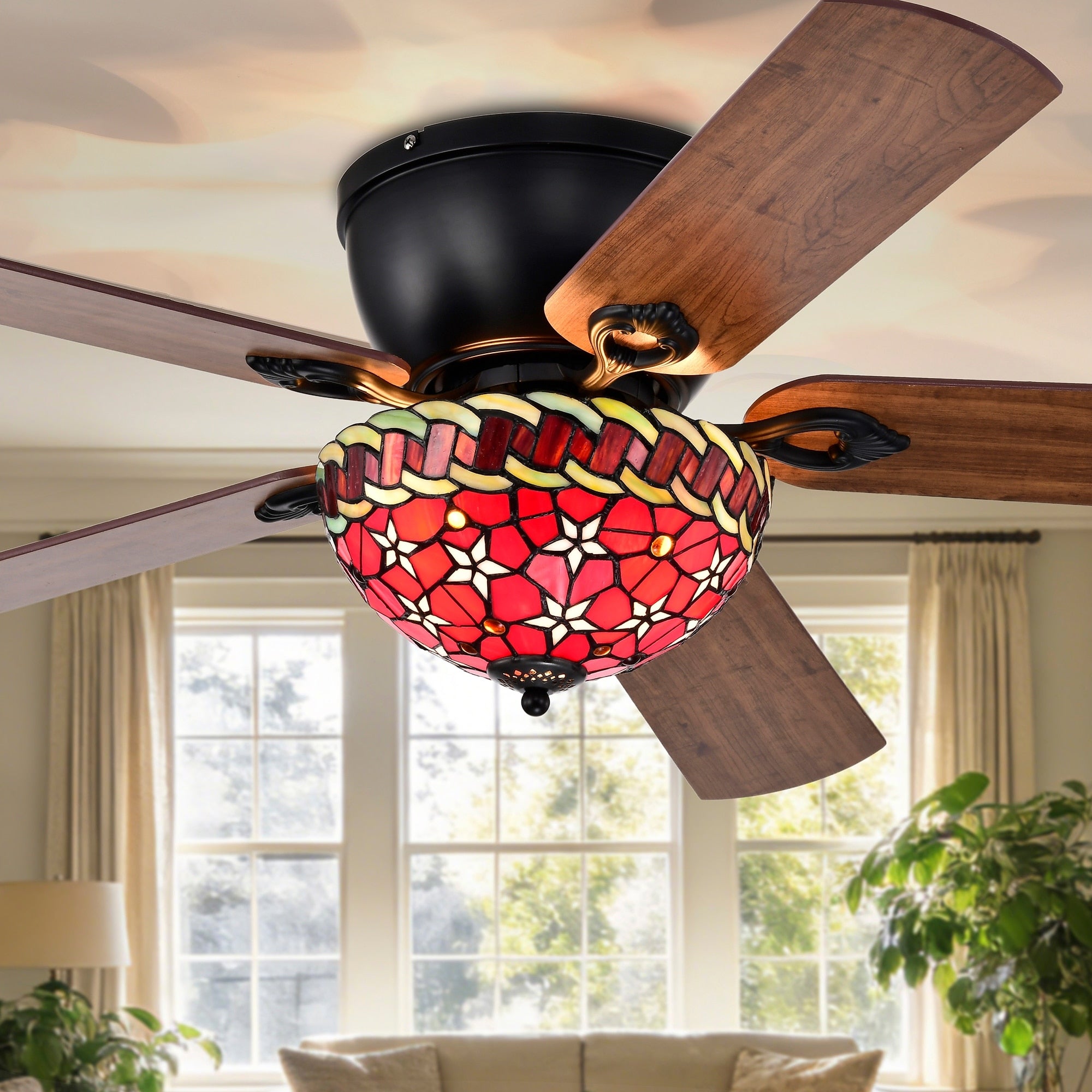 Chergo 52 Inch Flushmount Lighted Ceiling Fan Red Flower Tiffany Glass Lamp Black Finish