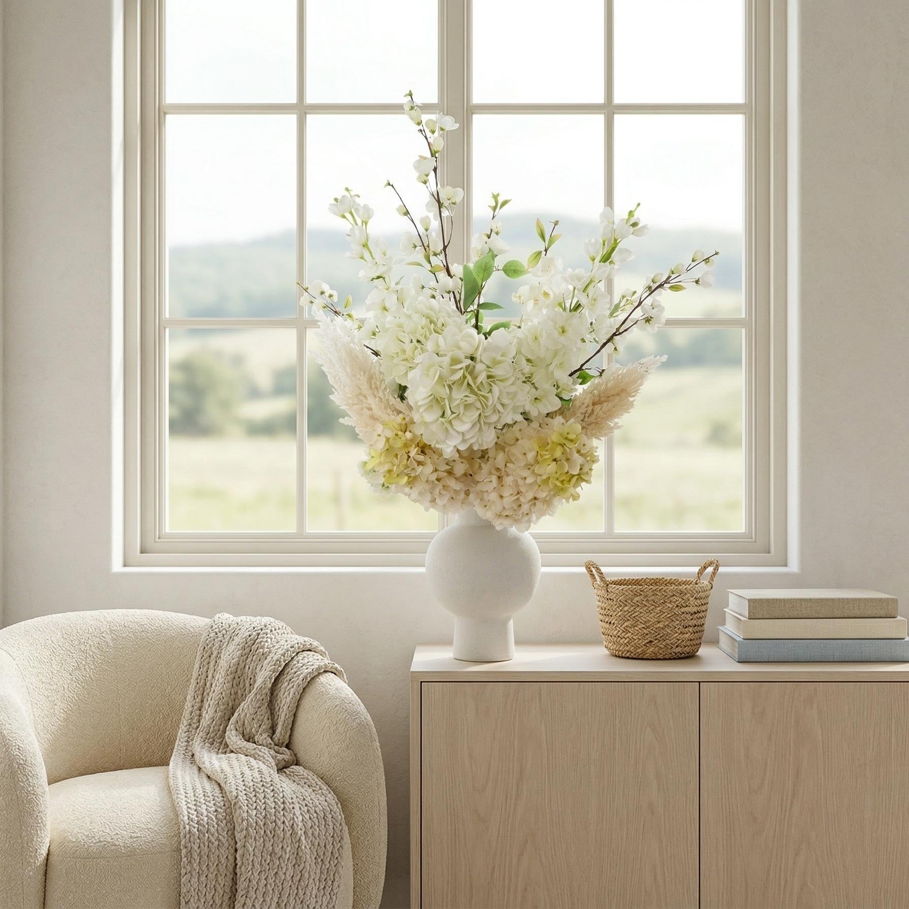 Cherry Blossom Delphinium And Hydrangea Arrangement