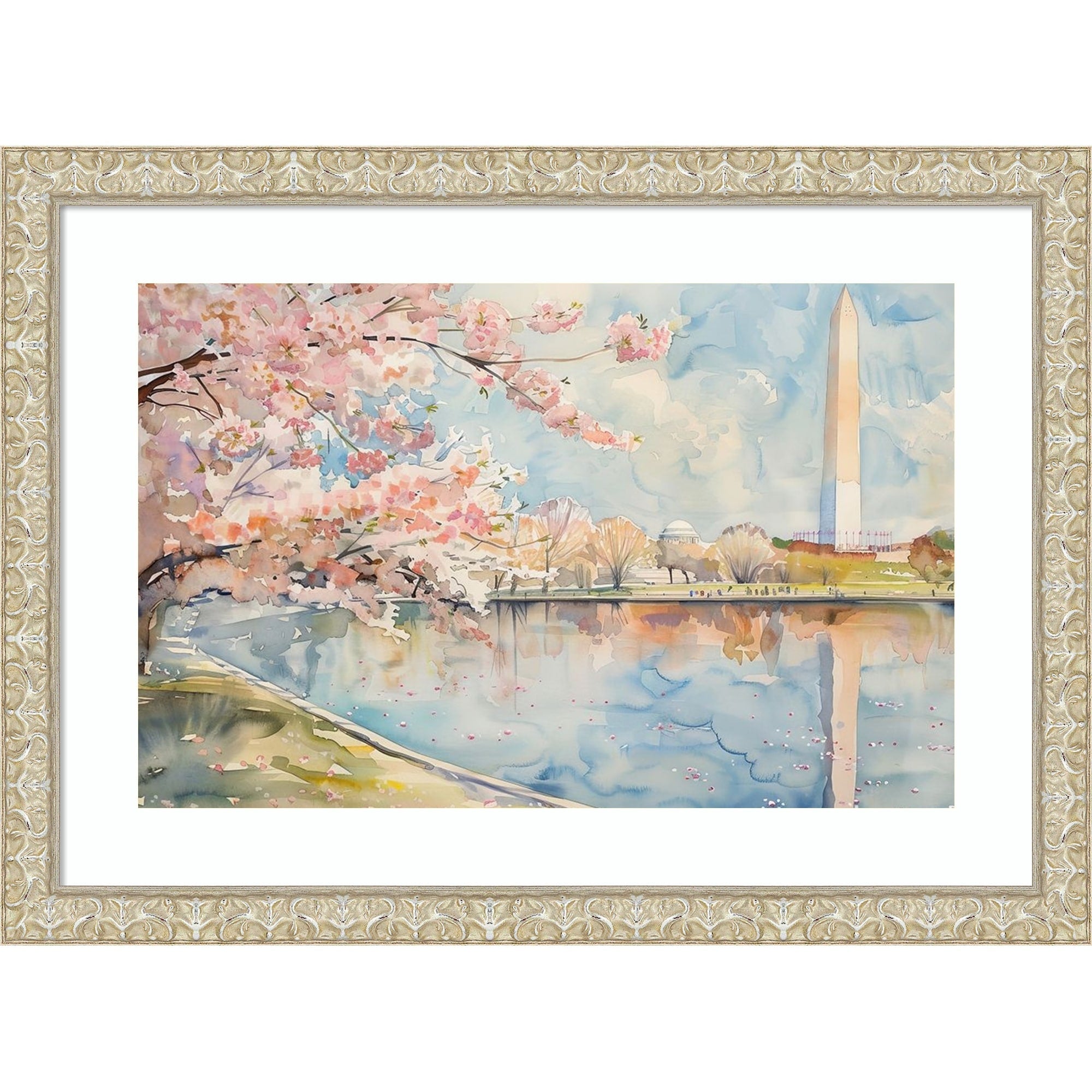 Cherry Blossoms Cityscape By Tradelink Inhouse Artist Wood Framed Wall Art Print Lila Silver
