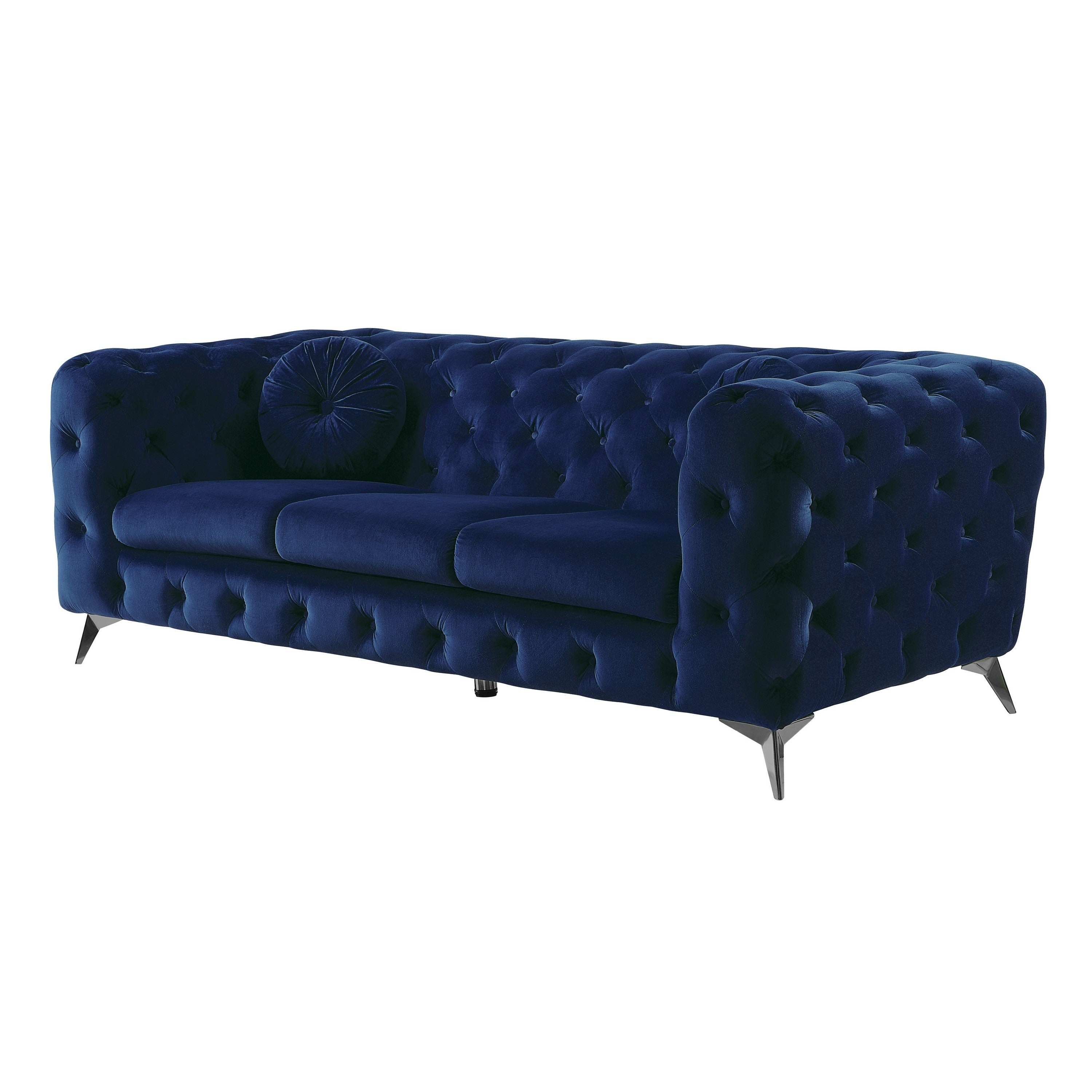 Chesterfield Design Fabric Sofa With Track Arms And Angled Metal Legs Blue