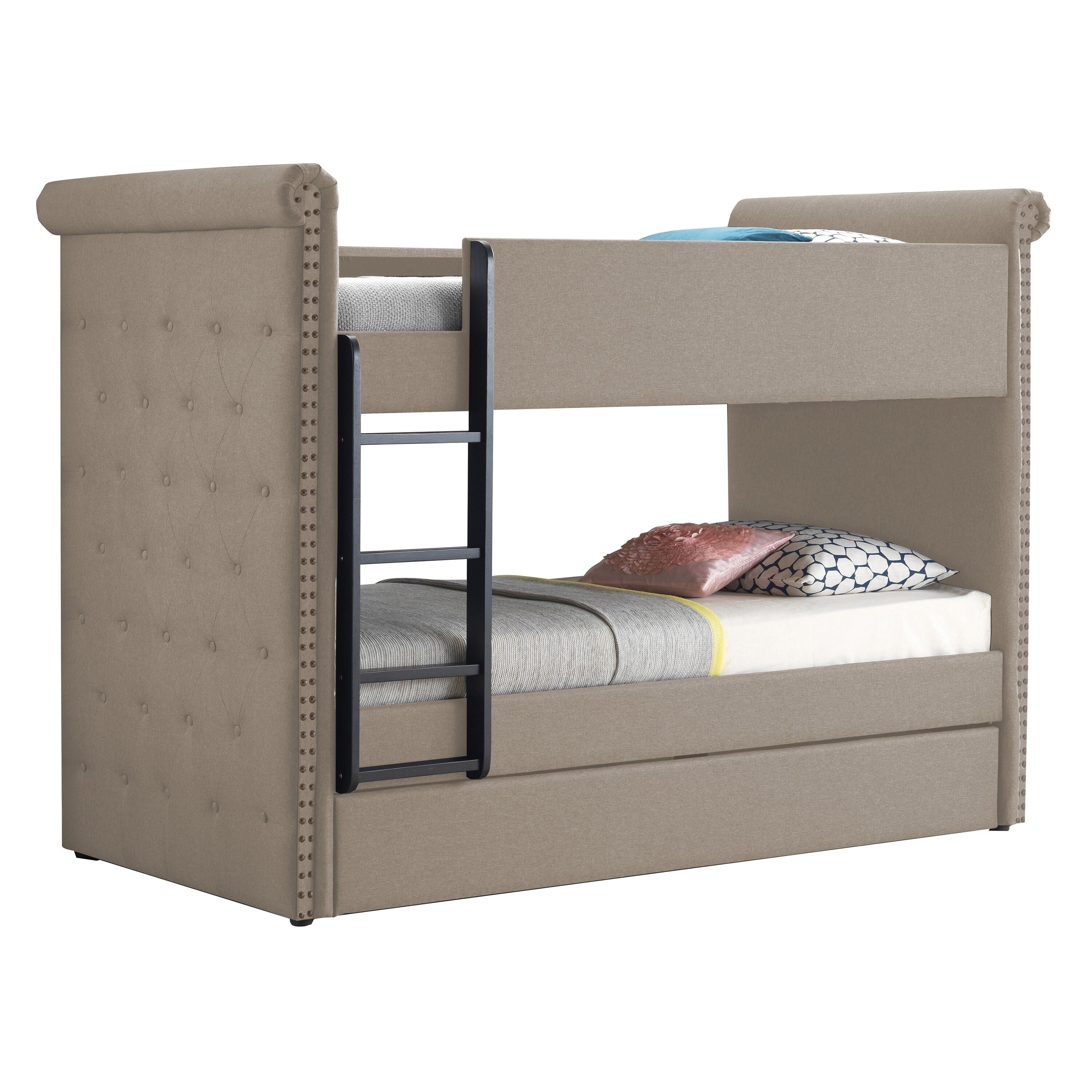 Chesterfield Design Twin Size Bunk Bed With Nailhead Trim Beige And Black
