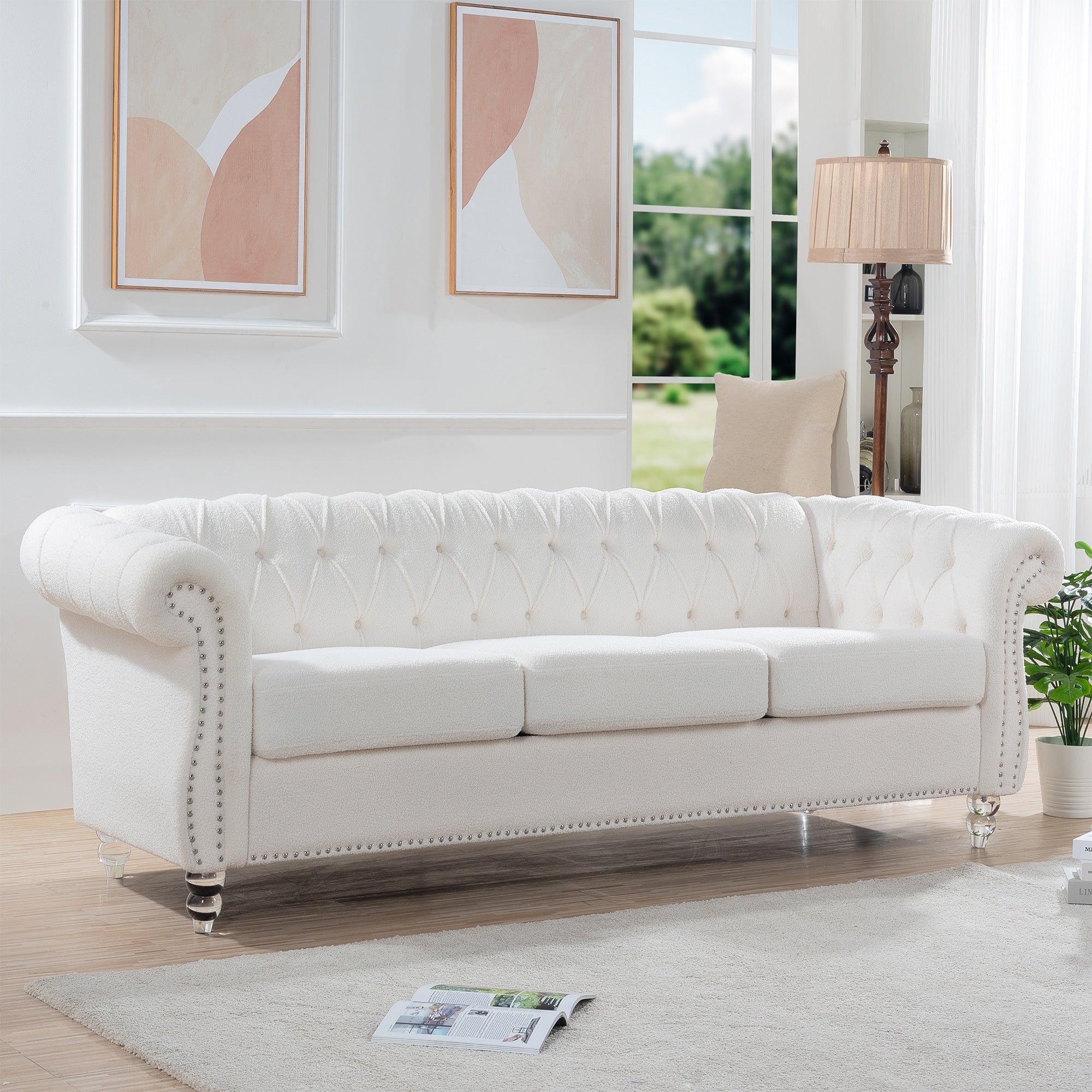 Chesterfield Fabric 3 Seater Sofa Tufted Upholstered Sofa With Rolled Arms Lounge Sofa Chair With Wooden Legs