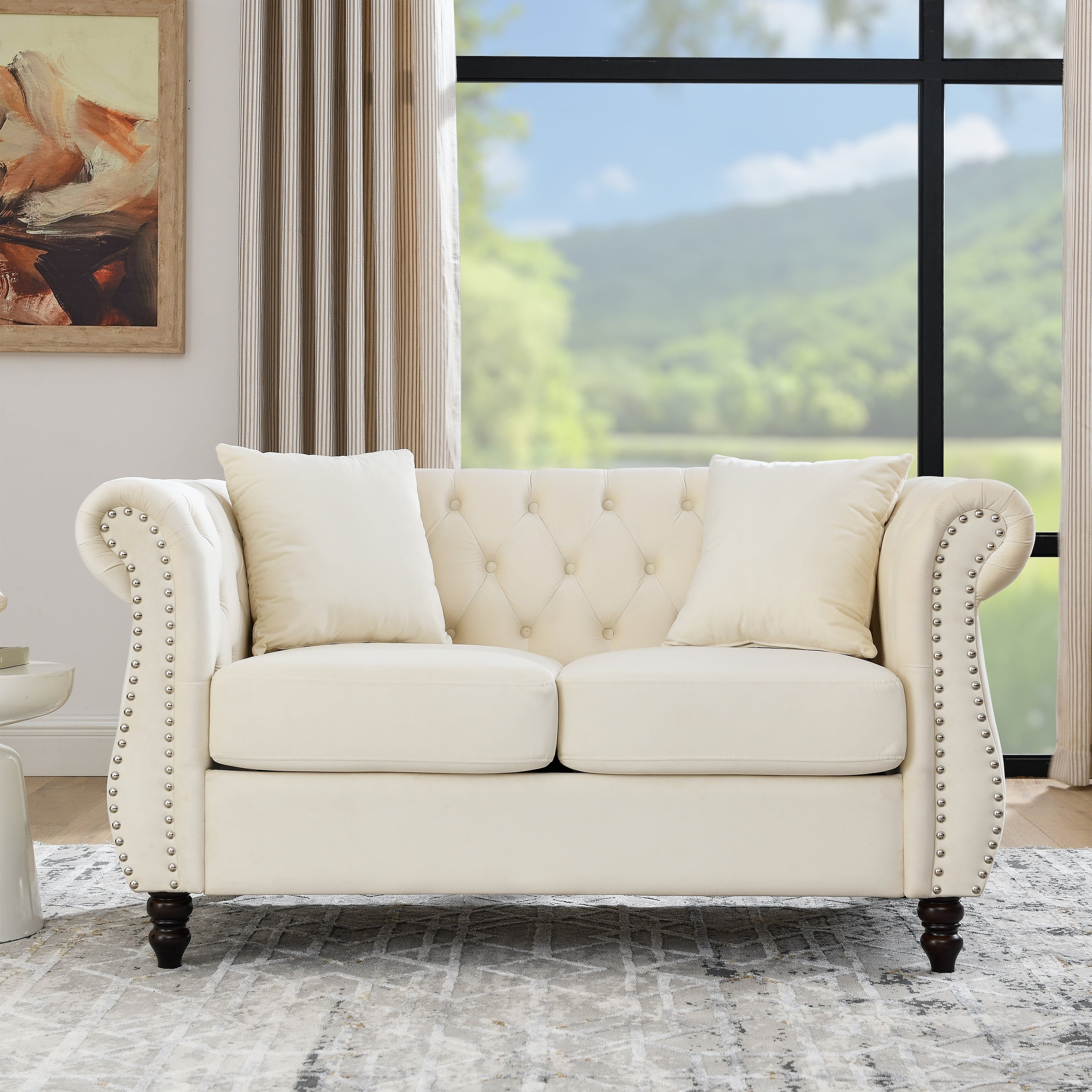 Chesterfield Velvet Loveseat Sofa Tufted Upholstered Sofa With 2 Pillows 2 Seater Sofa With Rolled Arms Nailhead