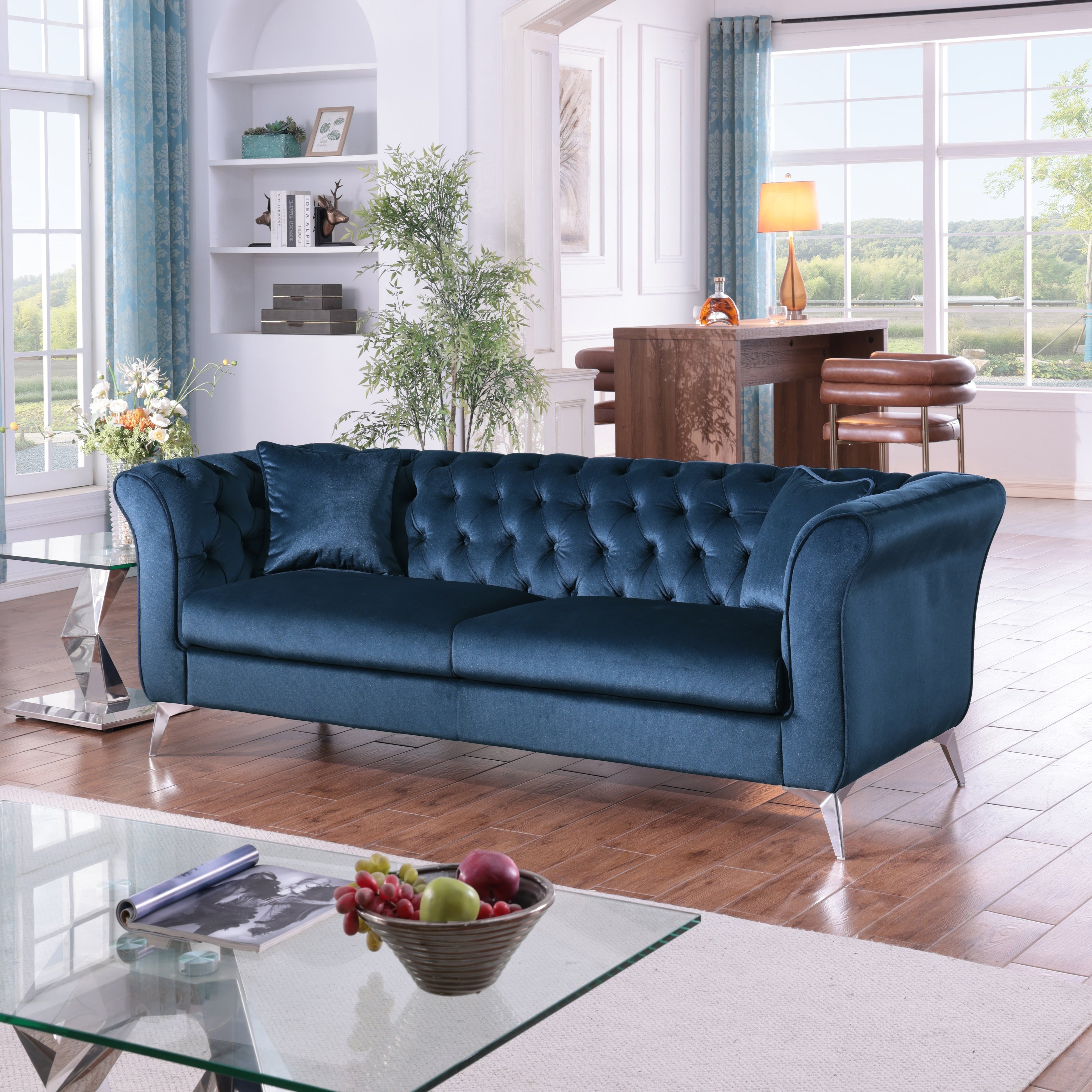 Chesterfield Velvet Upholstered 3 Seater Sofa Tufted Button Deep Seat Sofa Stanford Sofa With Scroll Arms Scroll Back