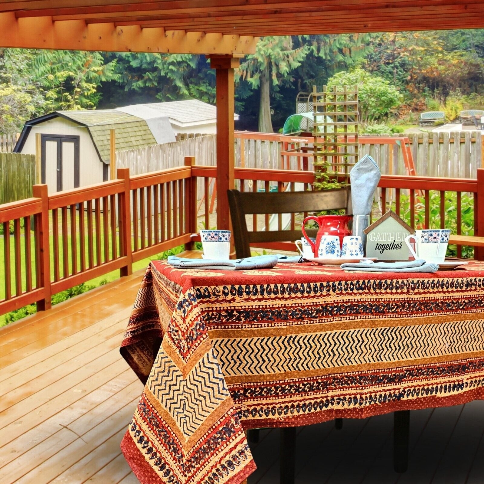 Cotton Kensington Block Print Tablecloth Rectangular Square Round Rust Brown