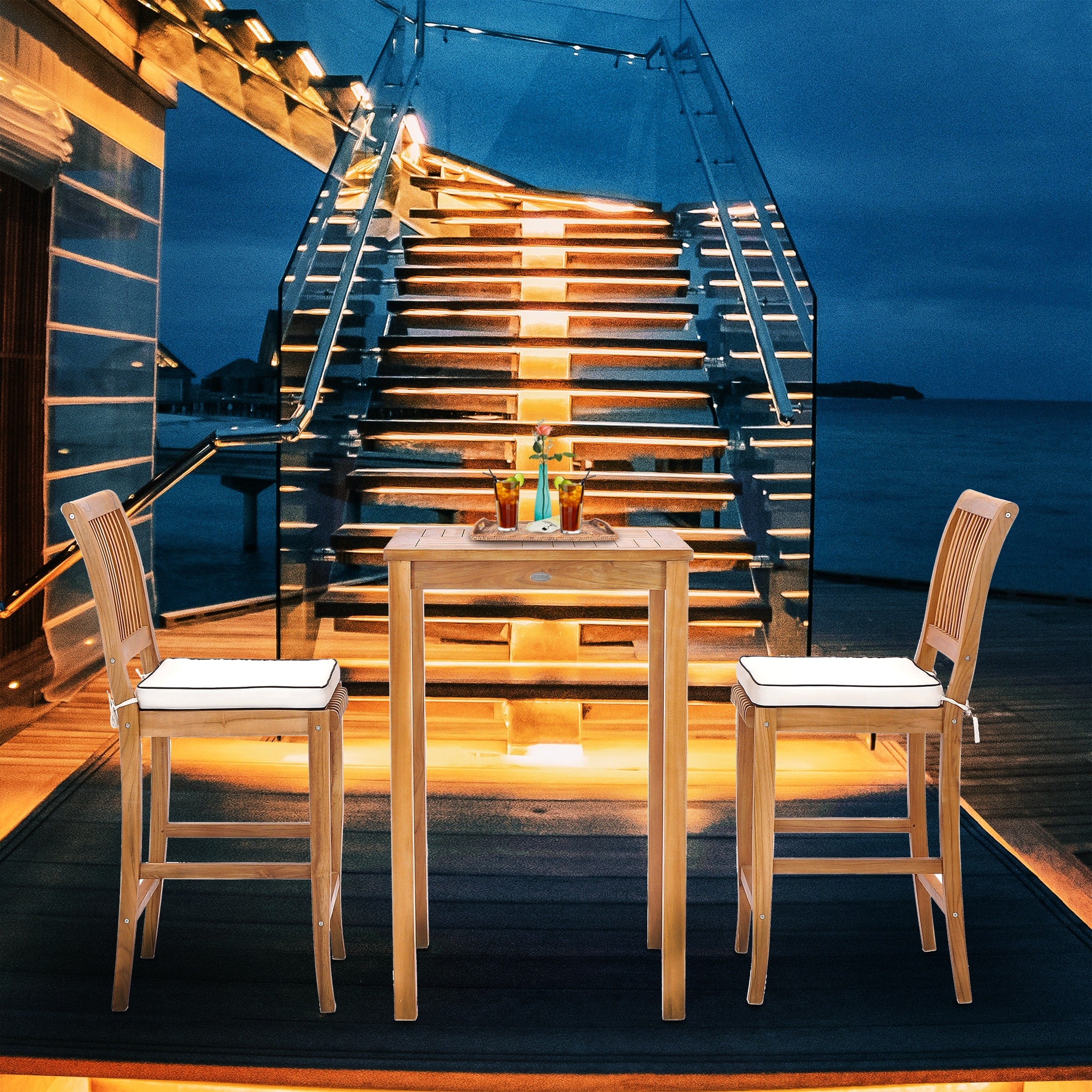 Chic Teak 3 Piece Teak Wood Castle Intimate Patio Bistro Bar Set Including 27 Bar Table 2 Barstools