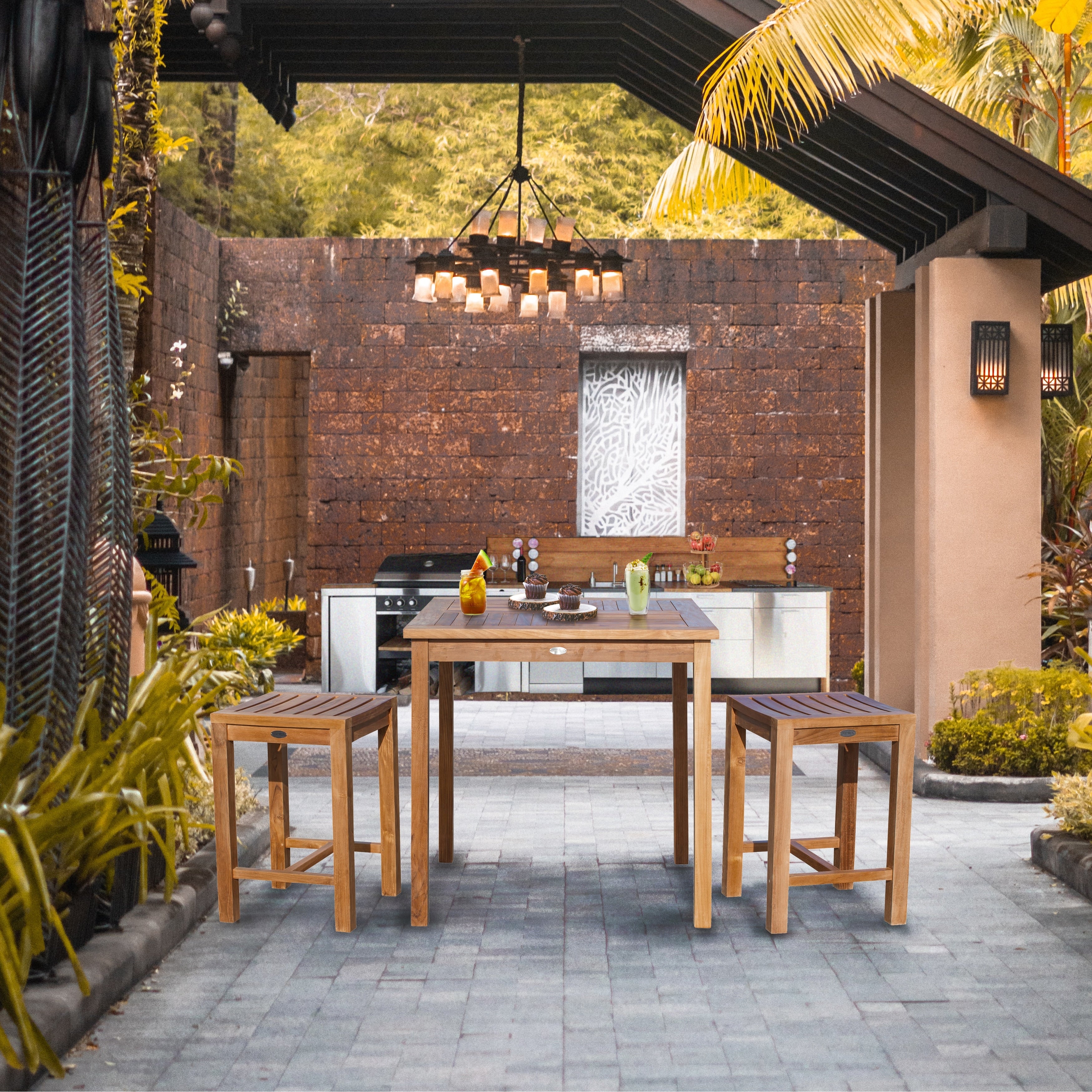 Chic Teak 3 Piece Teak Wood Seville Medium Counter Height Patio Bistro Dining Set 2 Counters Stools And 35 Square Table