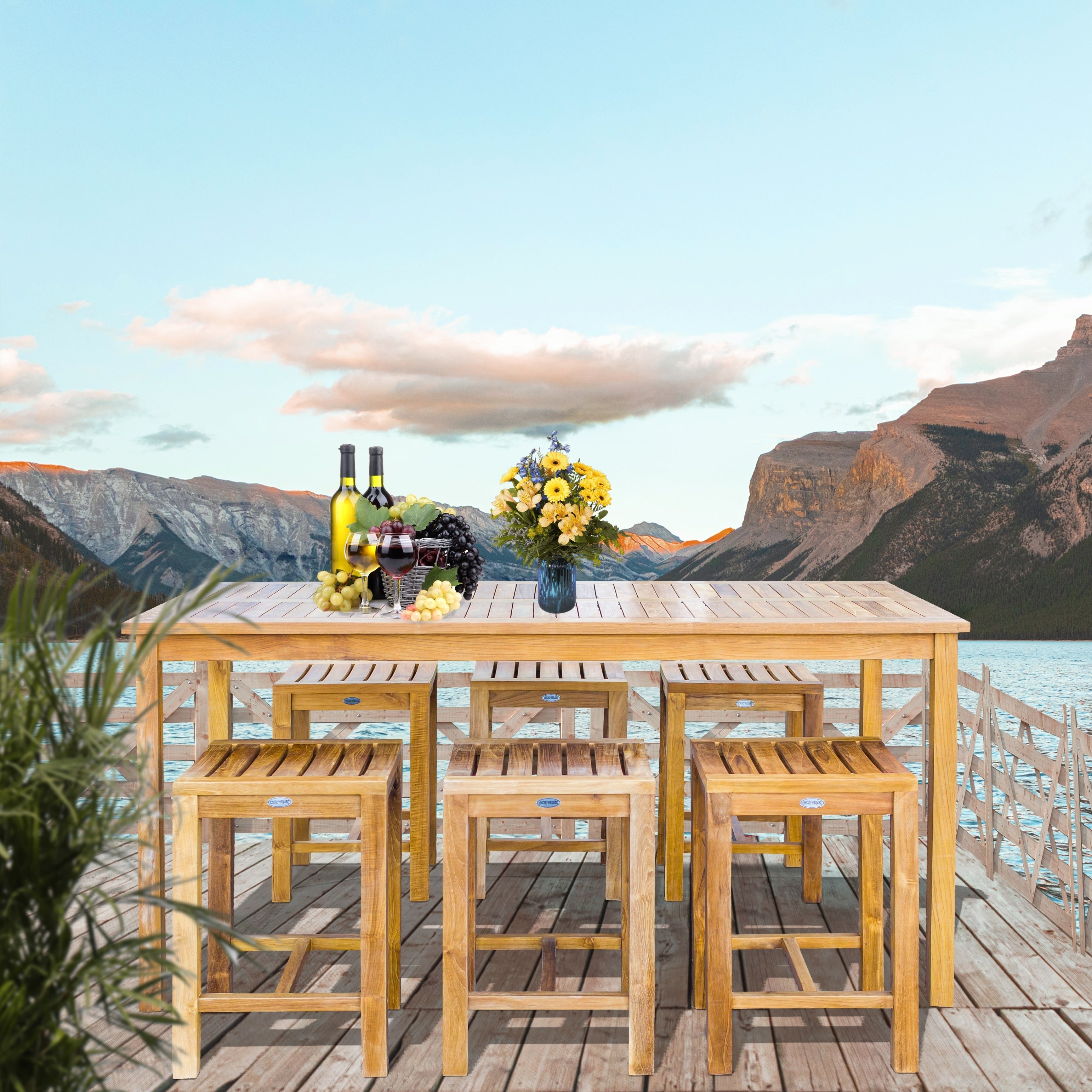 7 Piece Teak Wood Antigua Patio Counter Height Bistro Set With 71 Rectangular Table And 6 Stools