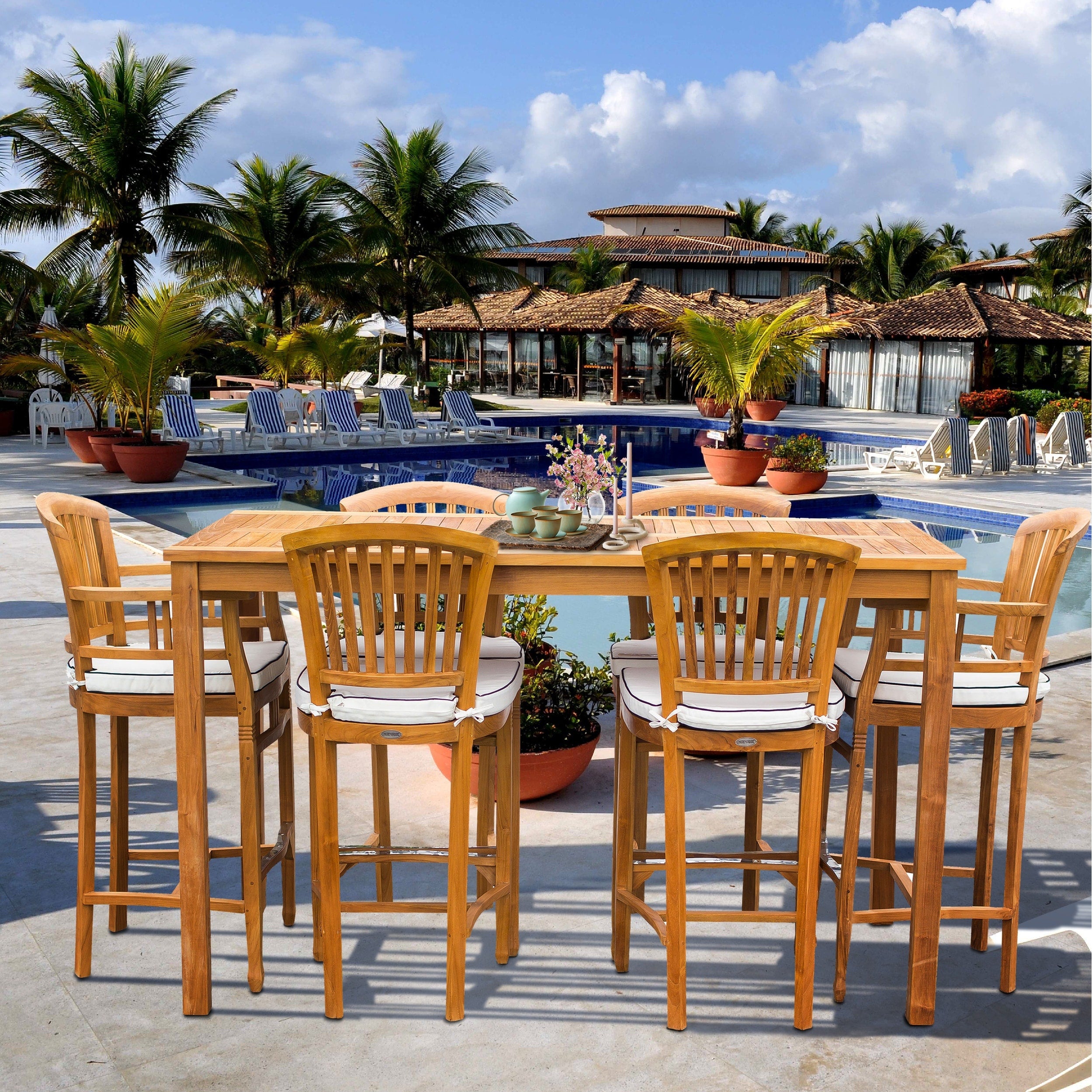 7 Piece Teak Wood Orleans Patio Bistro Bar Set 63 Bar Table 2 Bar Chairs W Arms 4 Armless Bar Chairs