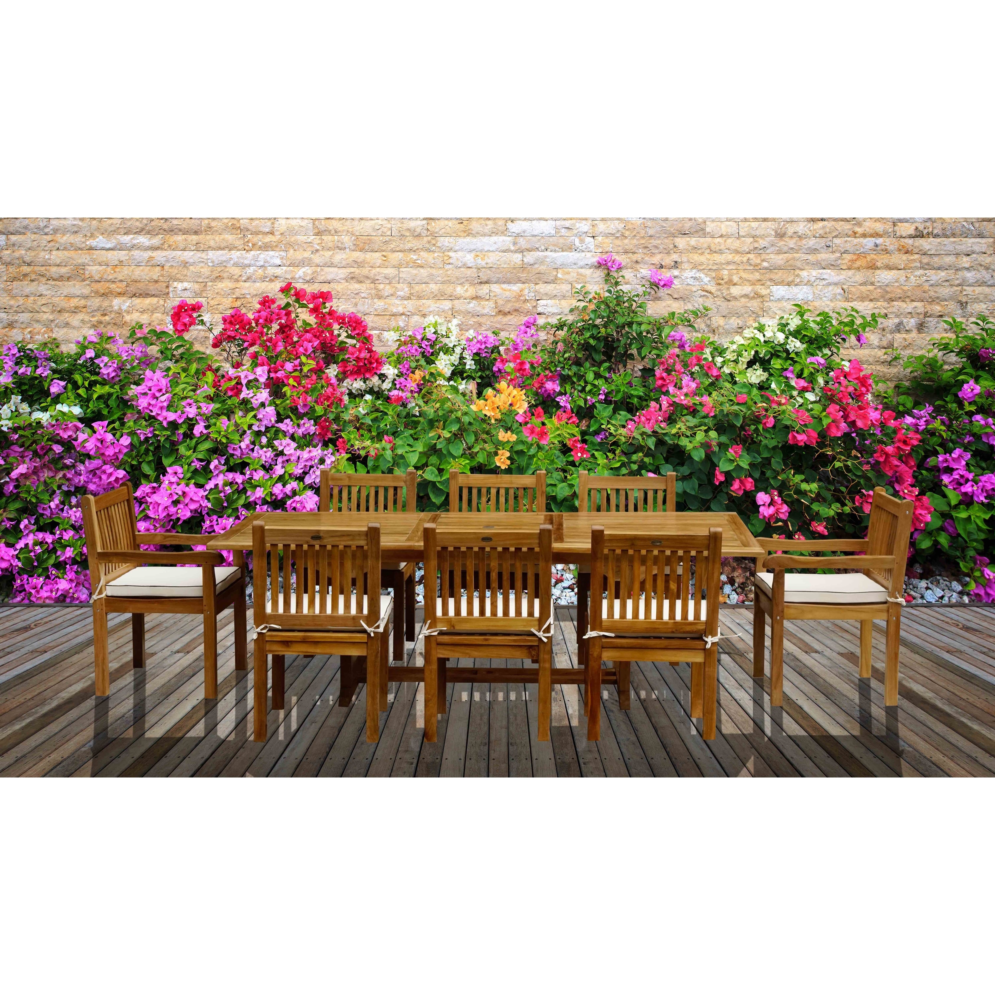 Chic Teak 9 Piece Rectangular Teak Wood Elzas Table Chair Set With Cushions