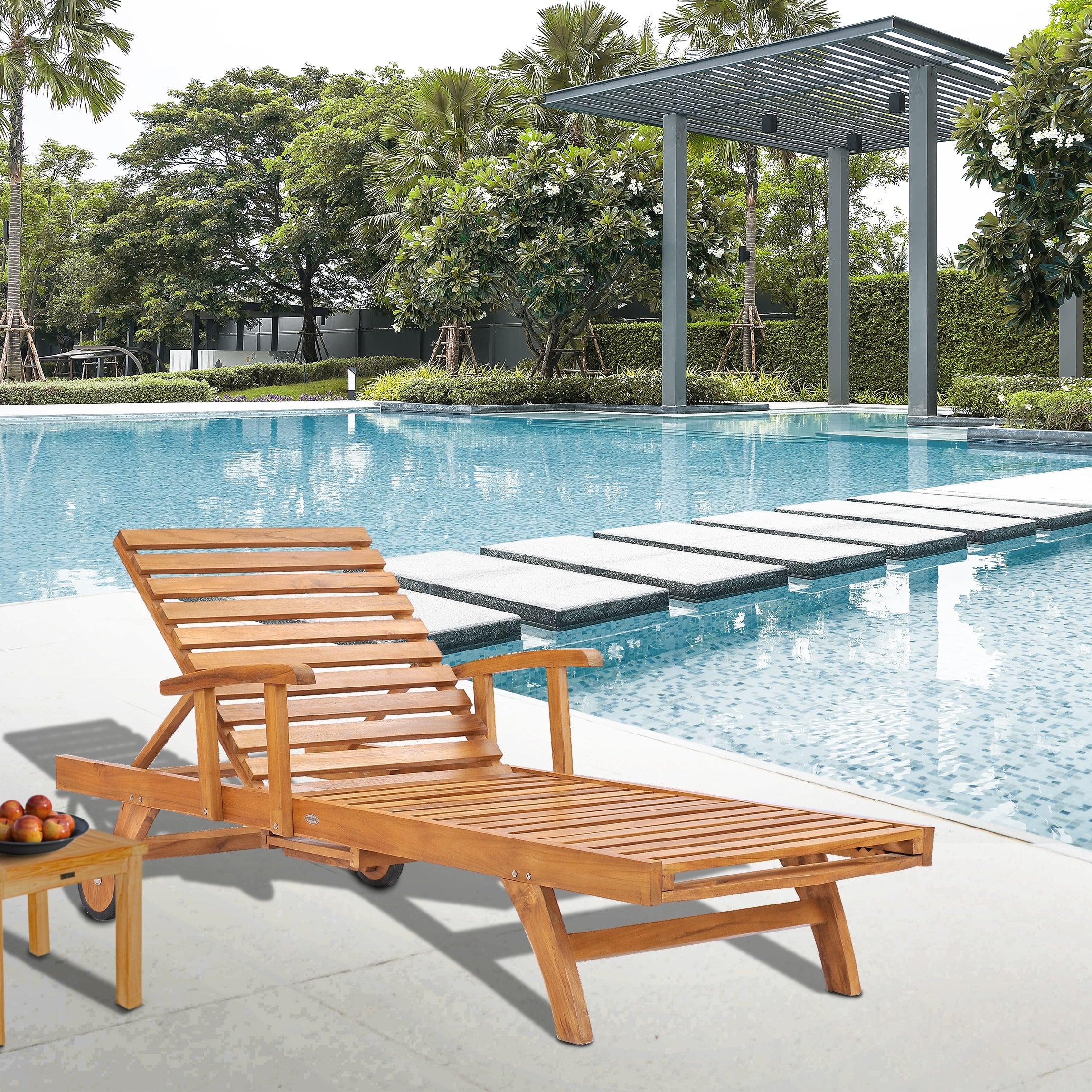 Chic Teak Bahama Teak Wood Pool And Patio Lounger With Pull Out Side Table
