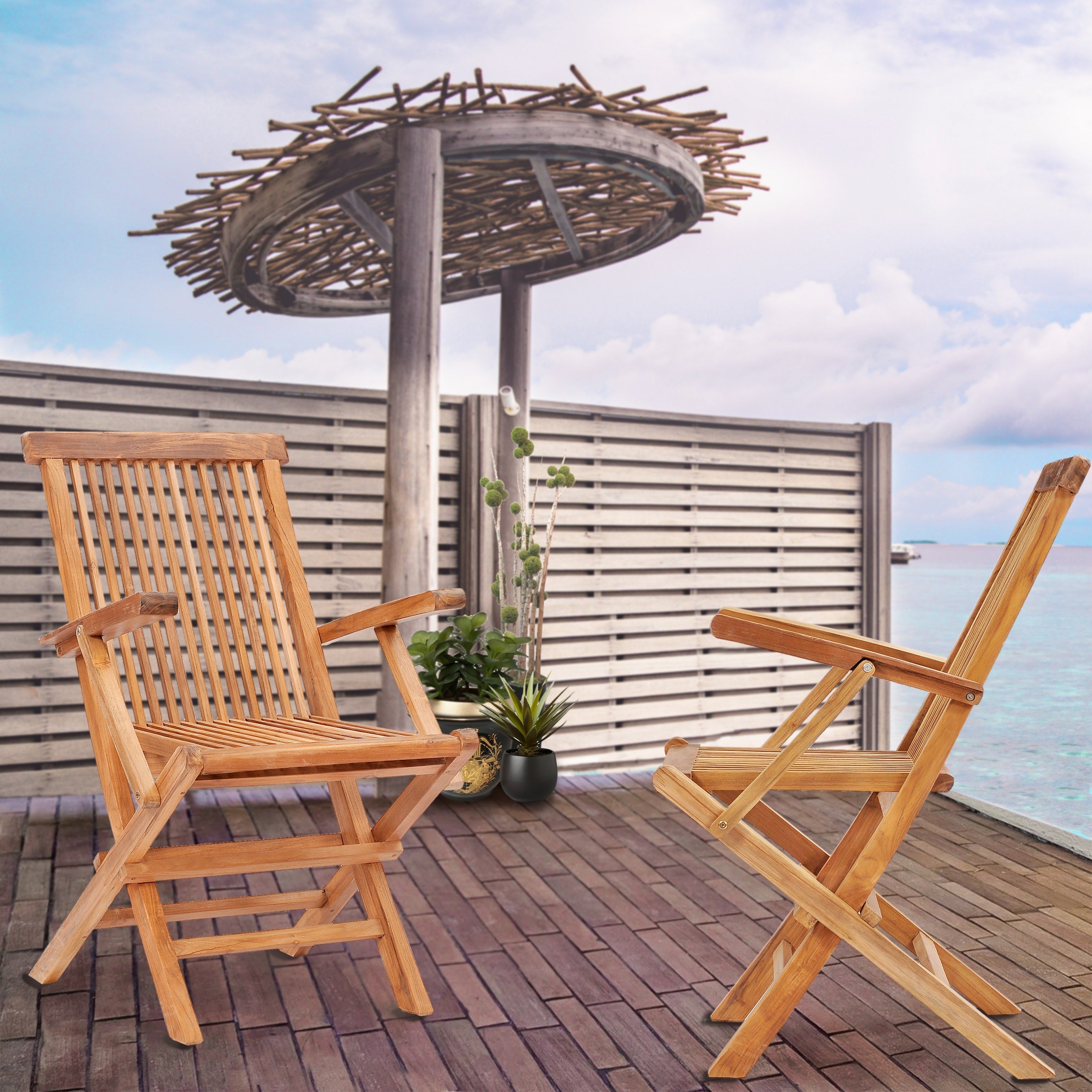 Chic Teak California Teak Wood Folding Arm Chair Set Of 2