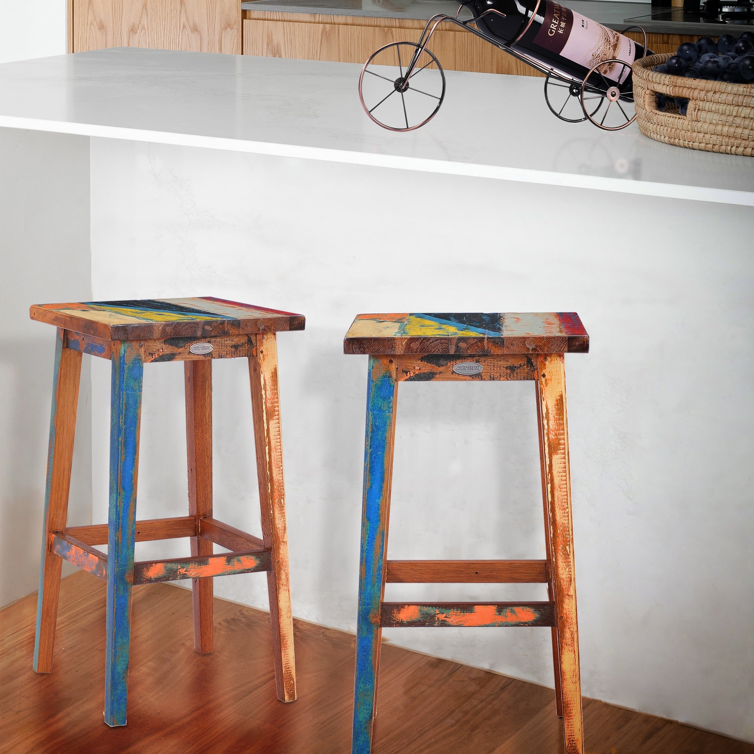Chic Teak Marina Del Rey Square Recycled Teak Wood Boat Barstool