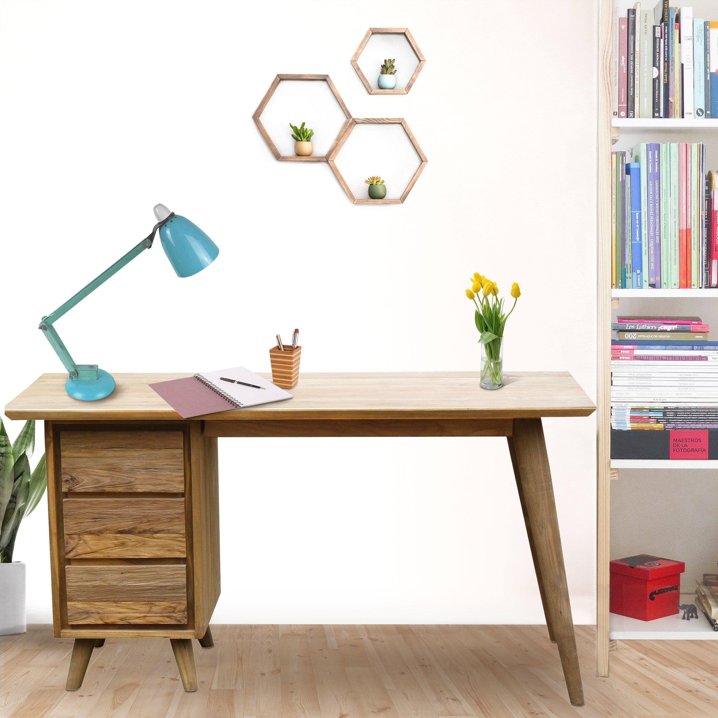 Chic Teak Recycled Teak Wood Retro Writing Desk With 3 Drawers