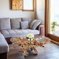 Chic Teak Rustic Teak Wood Root Coffee Table Including 55 Inch Round Glass Top