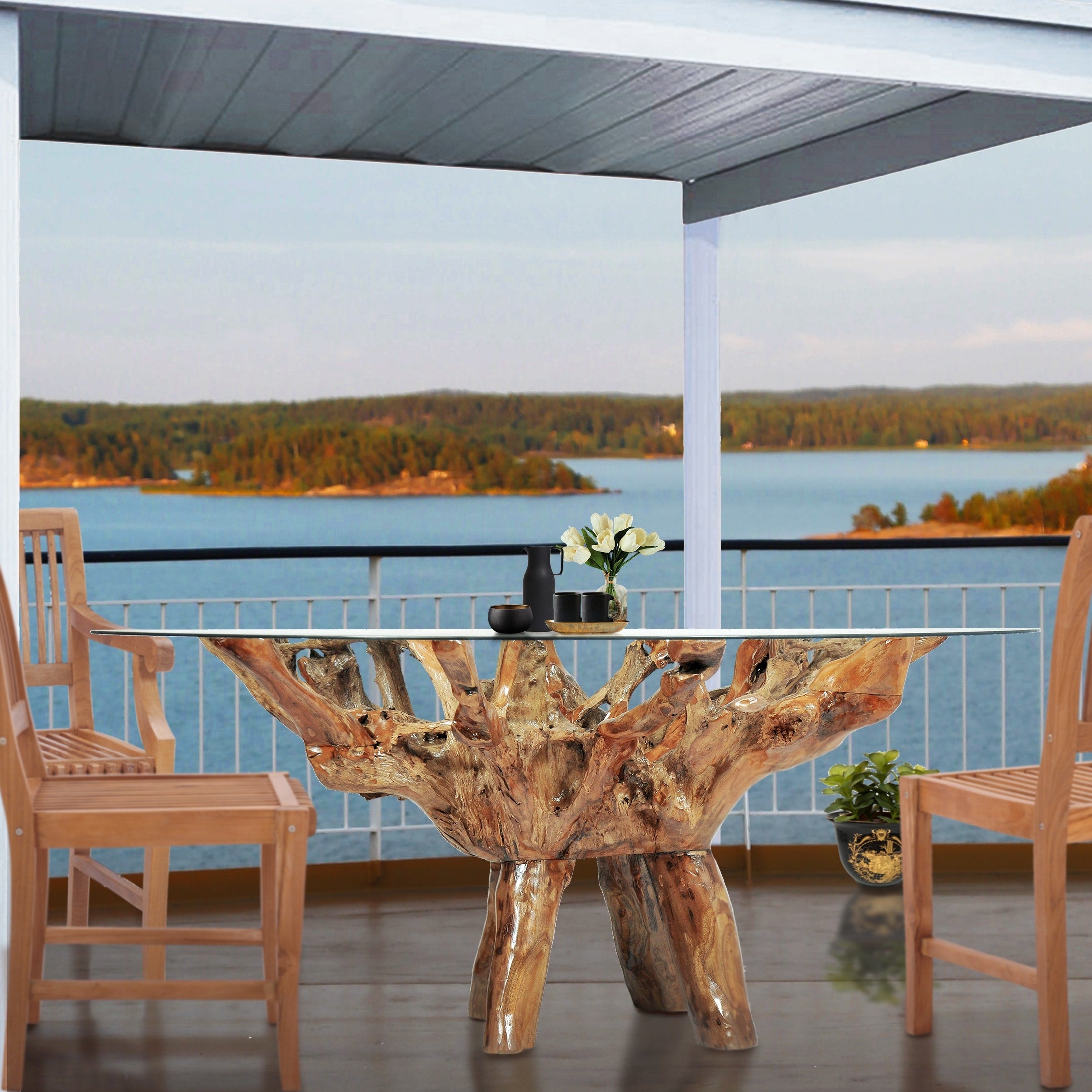 Chic Teak Rustic Teak Wood Root Dining Table Including A 63 Inch Round Glass Top
