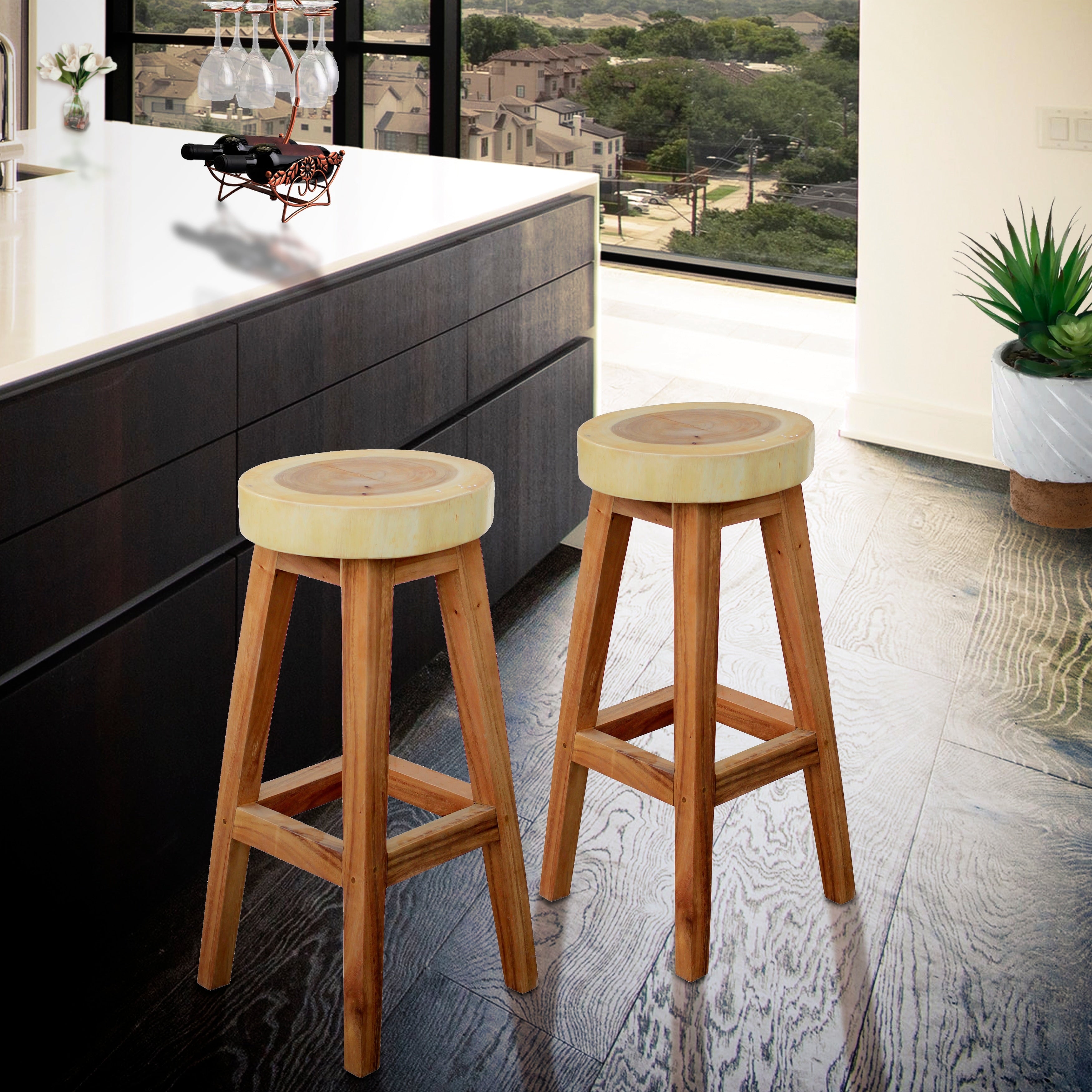 Chic Teak Suar Live Edge Round Barstool 30 Inch