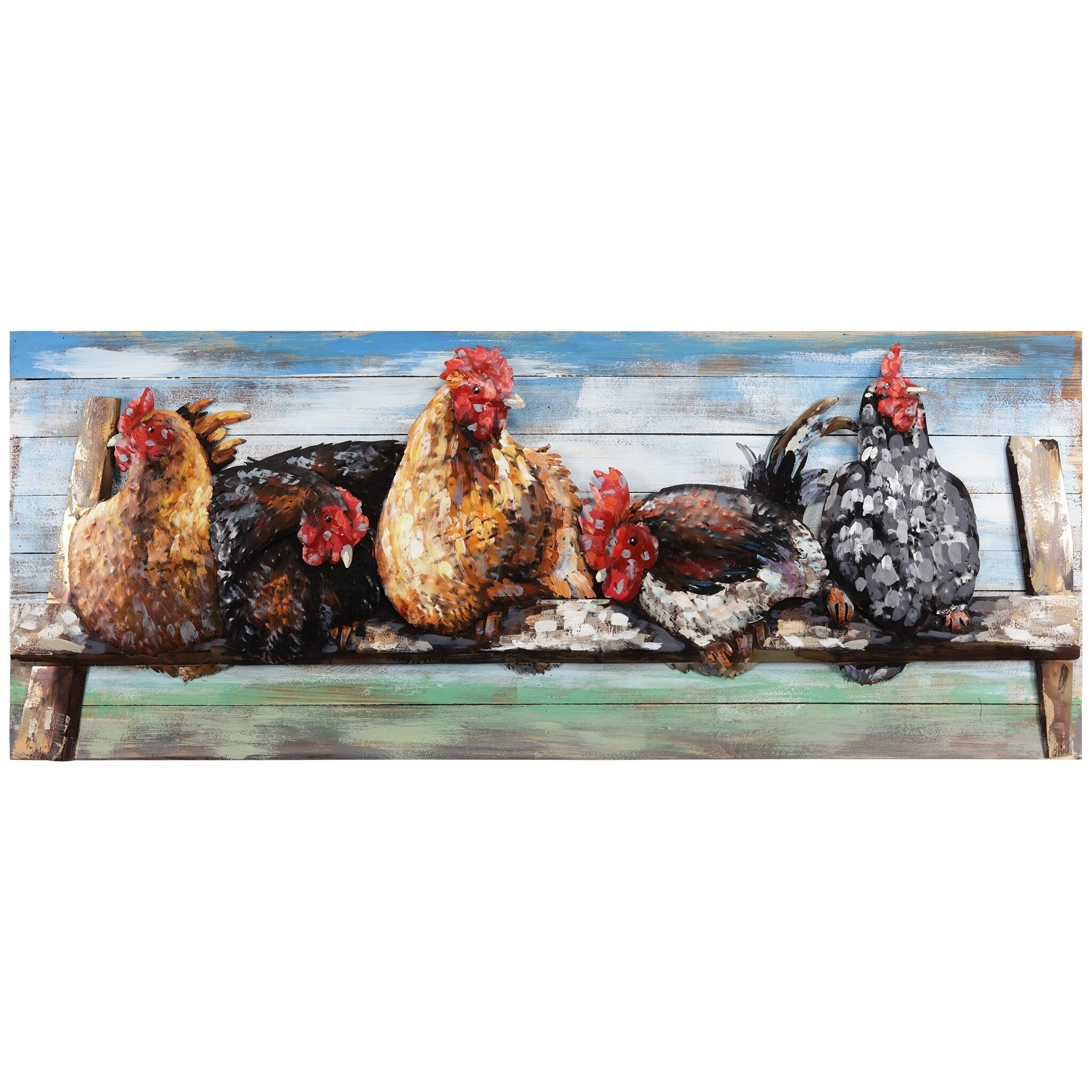 Chickens Handed Painted Iron Wall Sculpture On Slatted Solid Wood Wall Art