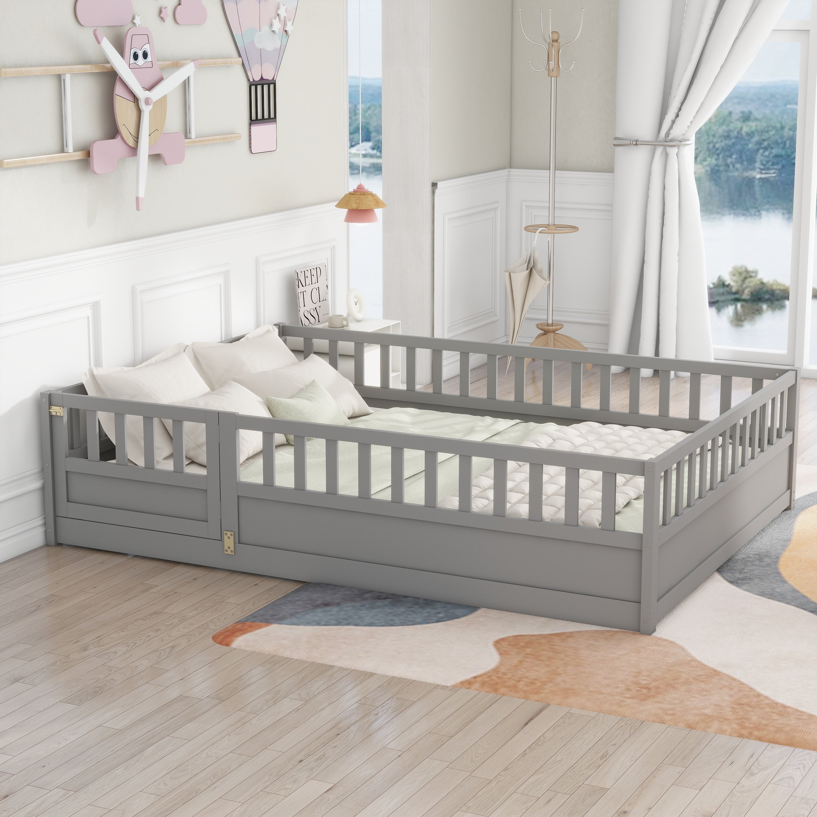 Childrens Full Size Floor Bed Frame With Fence Grey