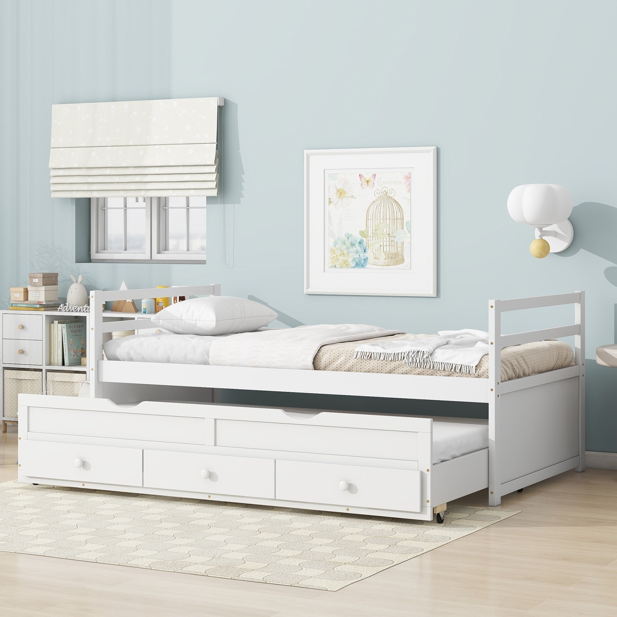 Childrens Twin Size Bed With Headboard Footboard Trundle And Three Storage Drawers
