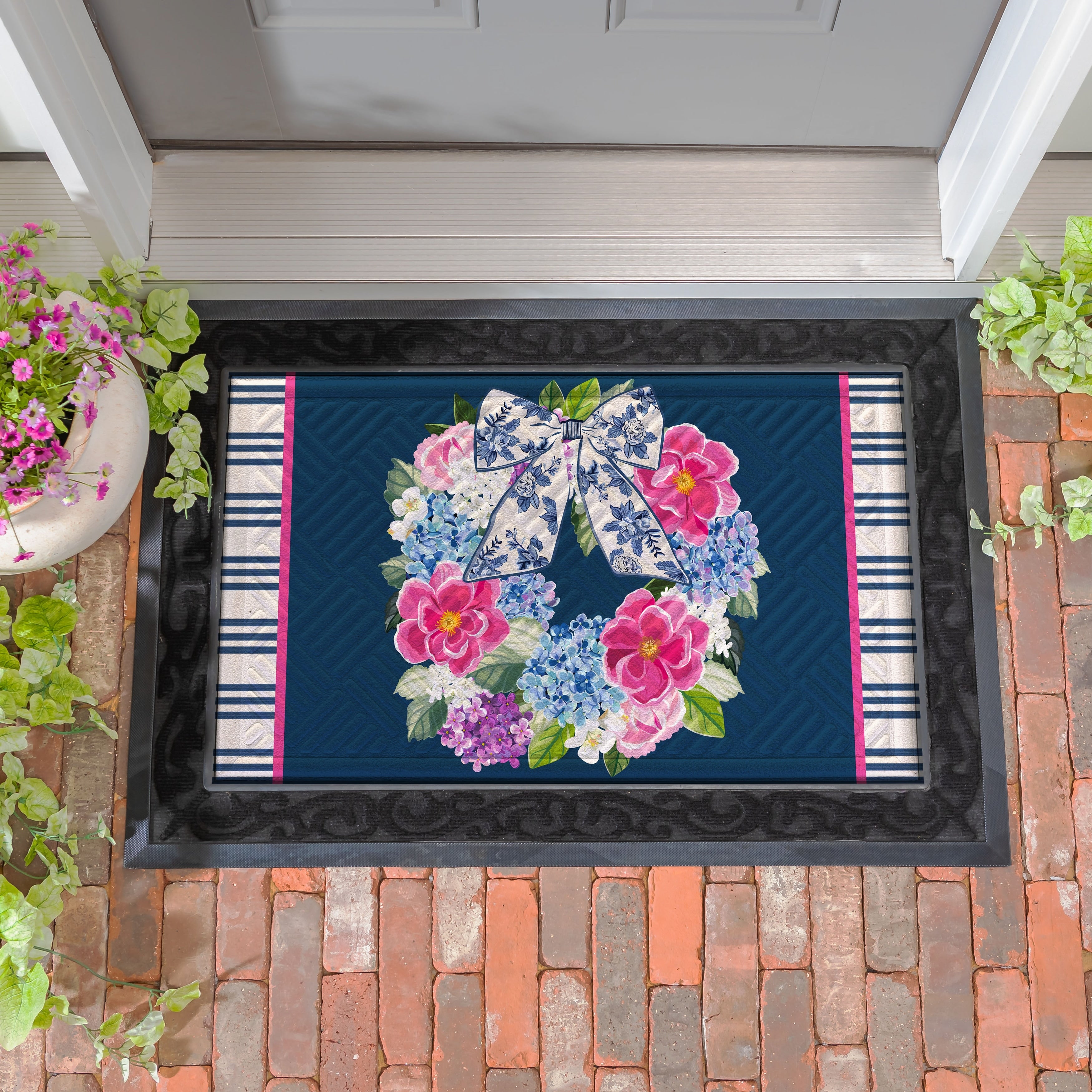 Chinoiserie Bow Floral Wreath Embossed Door Mat 30 X 18