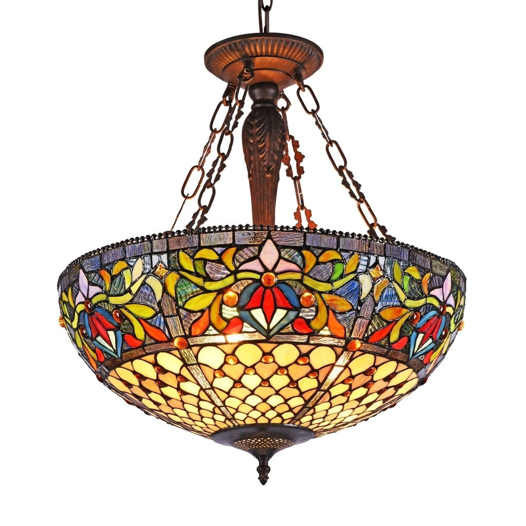 Chloe Fallon Collection Tiffany Style 3 Light Dark Antique Bronze Inverted Pendant Multi Color