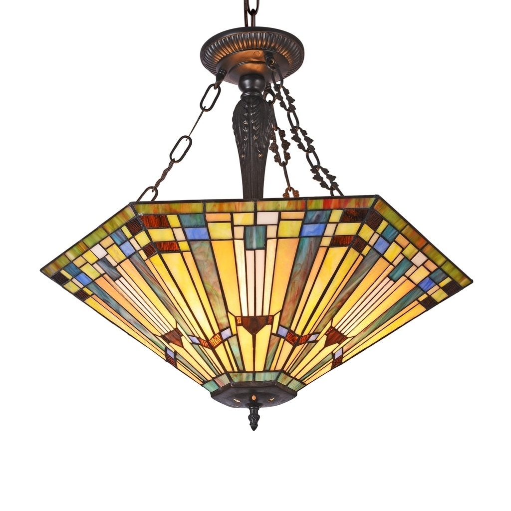 Chloe Tiffany Style 3 Light Blackish Bronze Art Glass Inverted Pendant