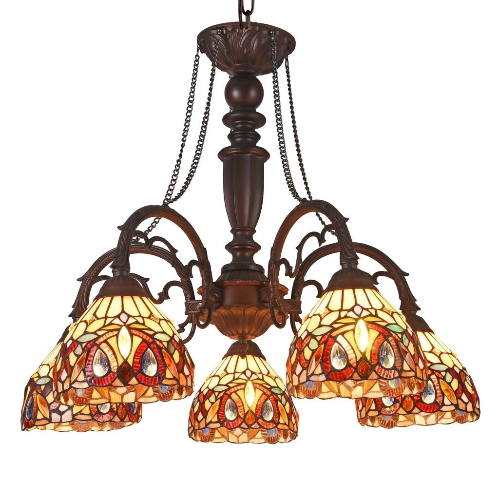 Chloe Tiffany Style 5 Light Dark Bronze Art Glass Chandelier