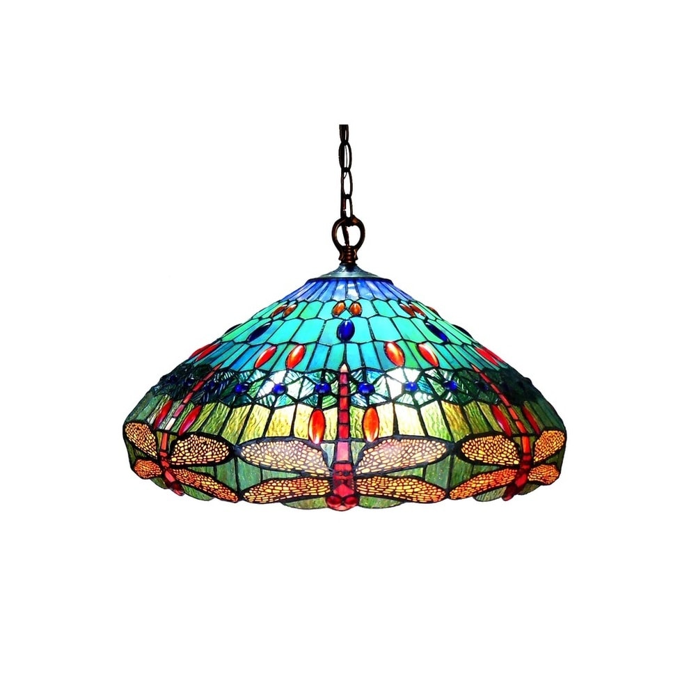 Chloe Tiffany Style Dragonfly Design 3 Light Antique Bronze Pendant