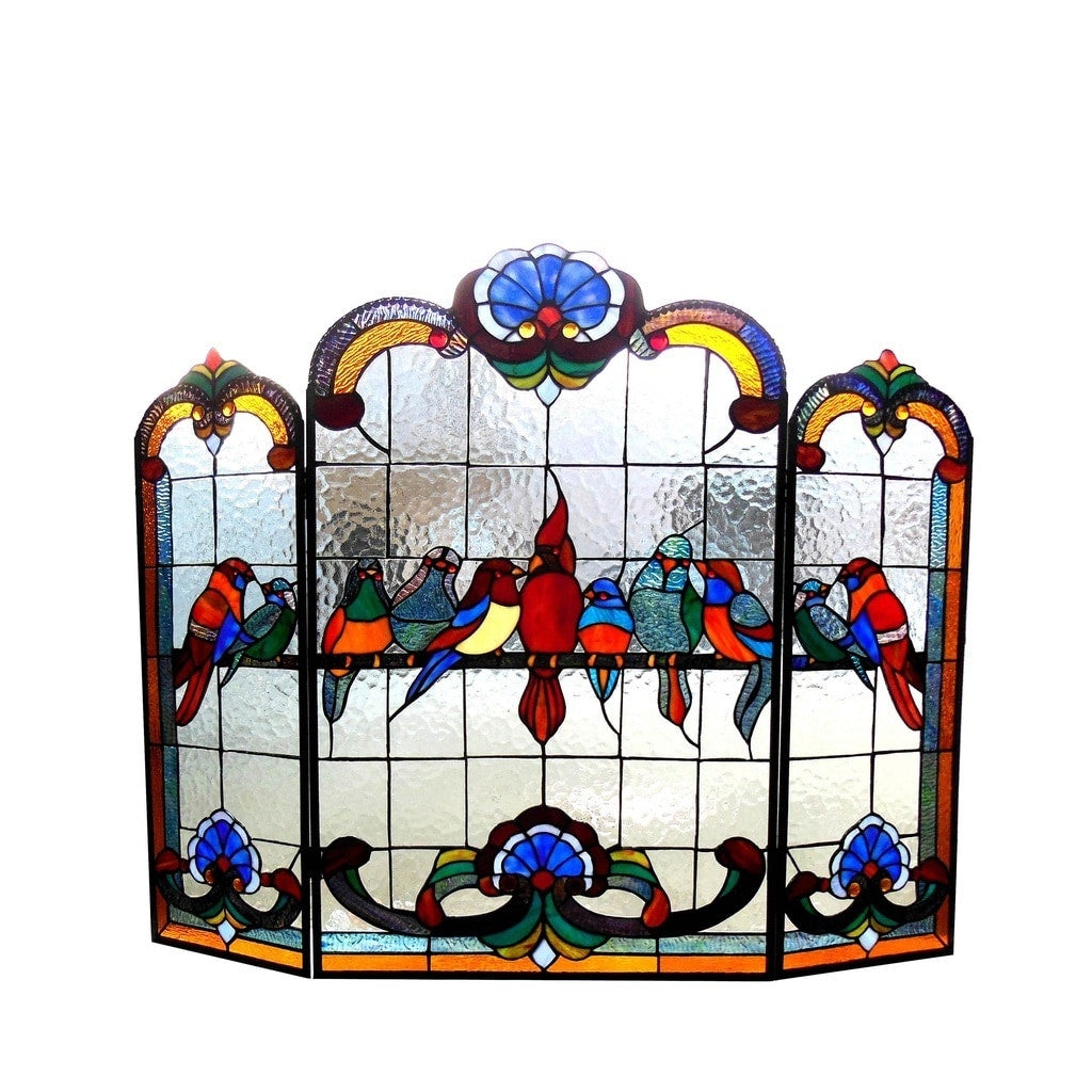 Chloe Tiffany Style Gathering Bird Design 3 Panel Fireplace Screen