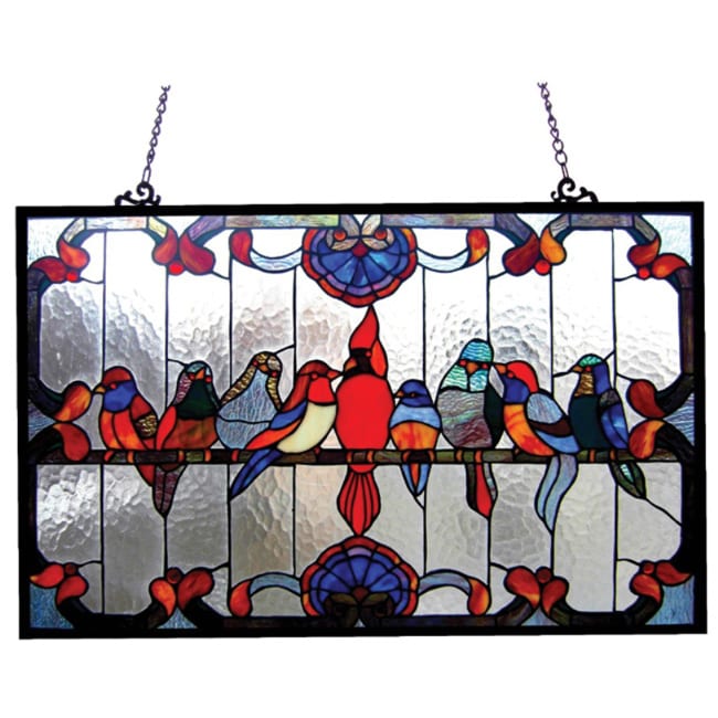 Chloe Tiffany Style Gathering Birds Art Glass Window Panel