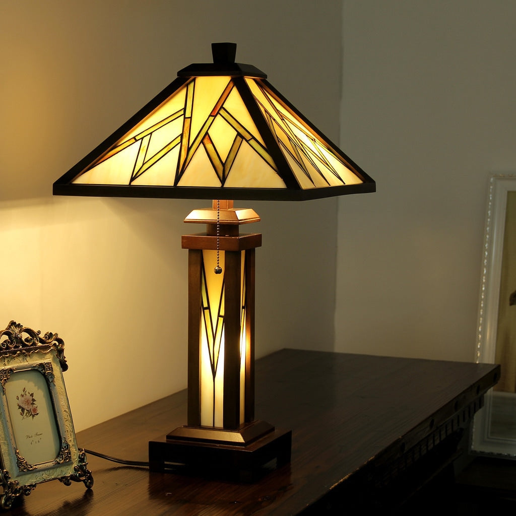 Chloe Tiffany Style Mission Design Double Lit 2 1 Light Dark Walnut Table Lamp