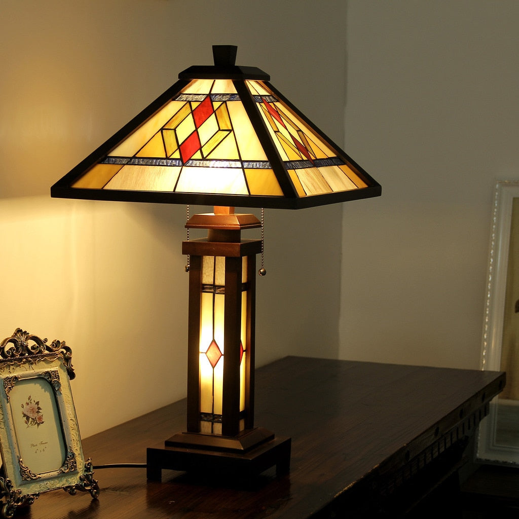 Chloe Tiffany Style Mission Design Double Lit 2 1 Light Dark Walnut Table Lamp