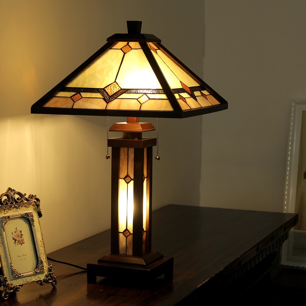 Chloe Tiffany Style Mission Design Double Lit 2 1 Light Dark Walnut Table Lamp