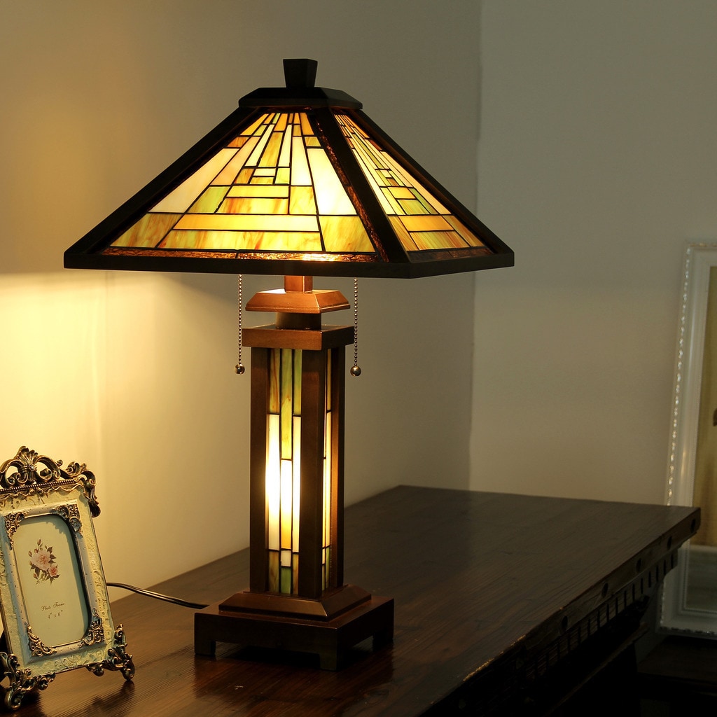 Chloe Tiffany Style Mission Design Double Lit 2 1 Light Dark Walnut Table Lamp