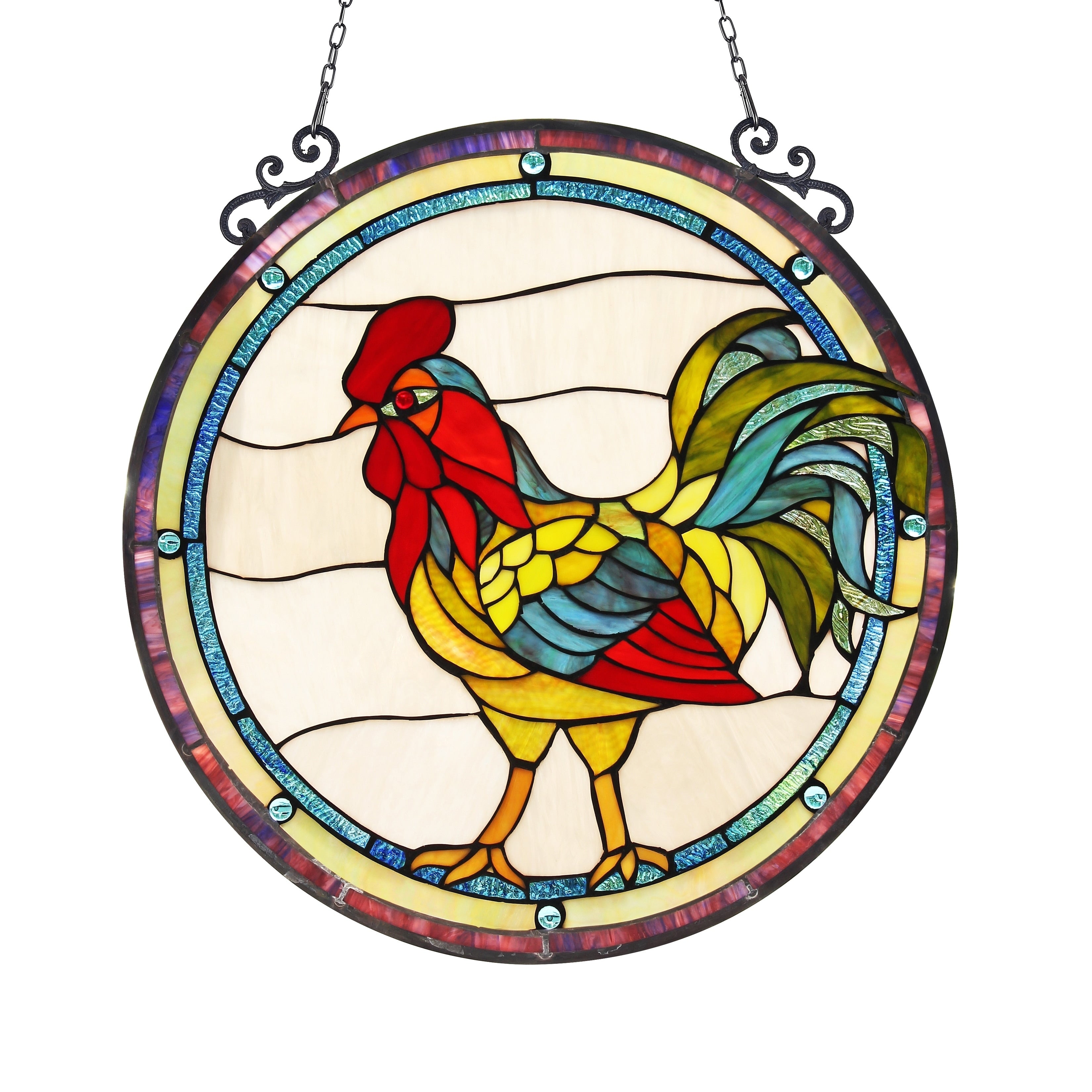 Chloe Tiffany Style Rooster Design Stained Glass Window Panel Suncatcher