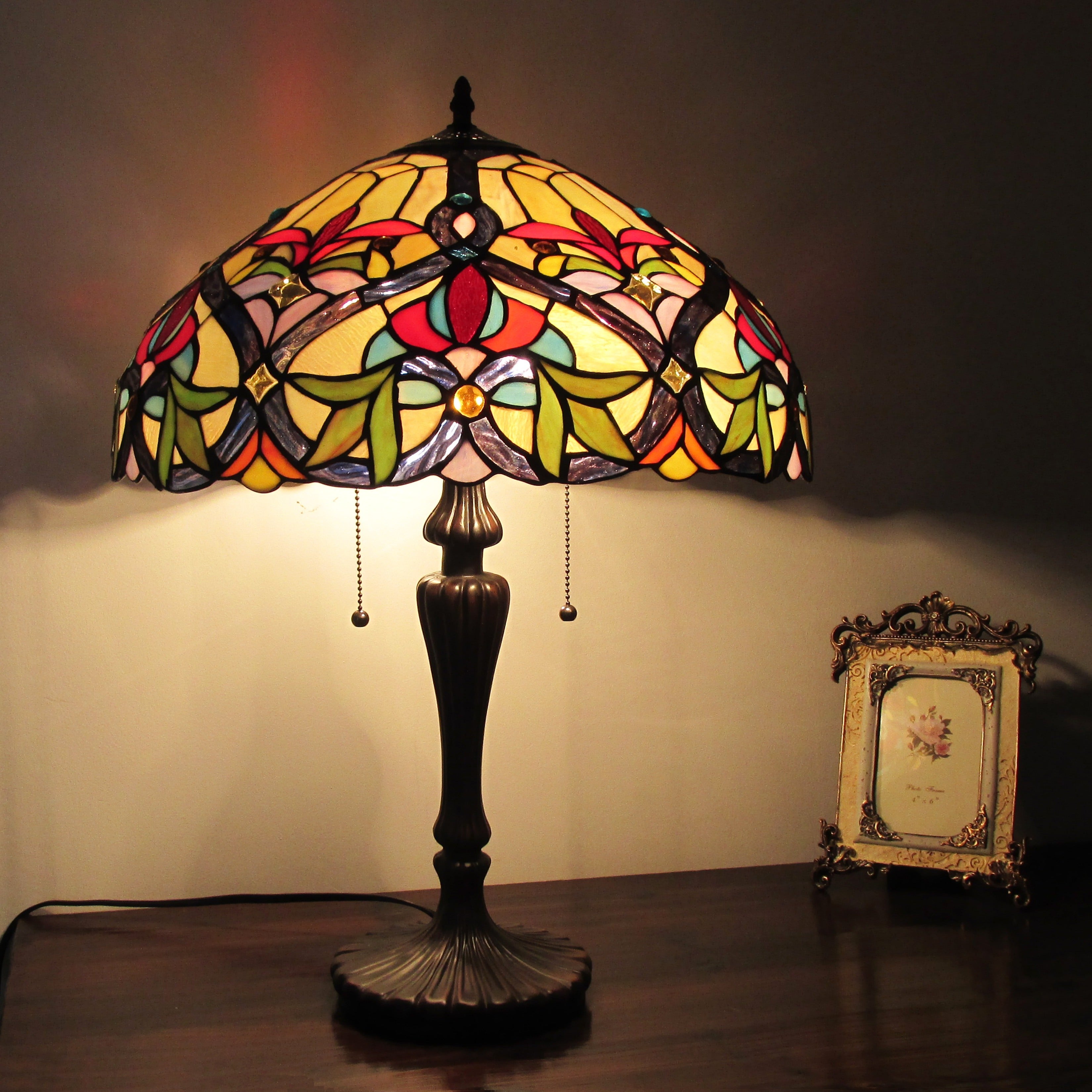 Chloe Tiffany Style Victorian Design 2 Light Amber Blue Stone Table Lamp