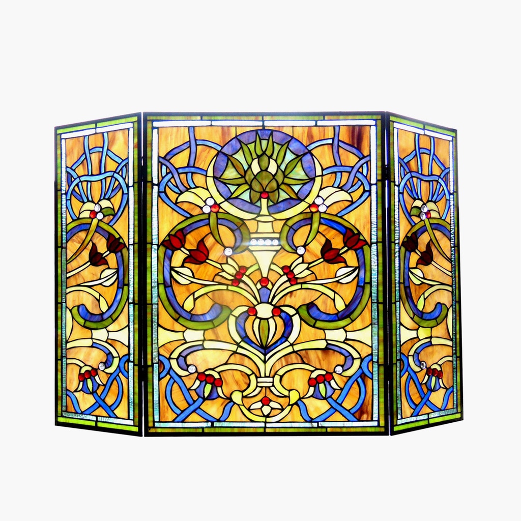 Tiffany Style Victorian Design 3 Panel Fireplace Screen