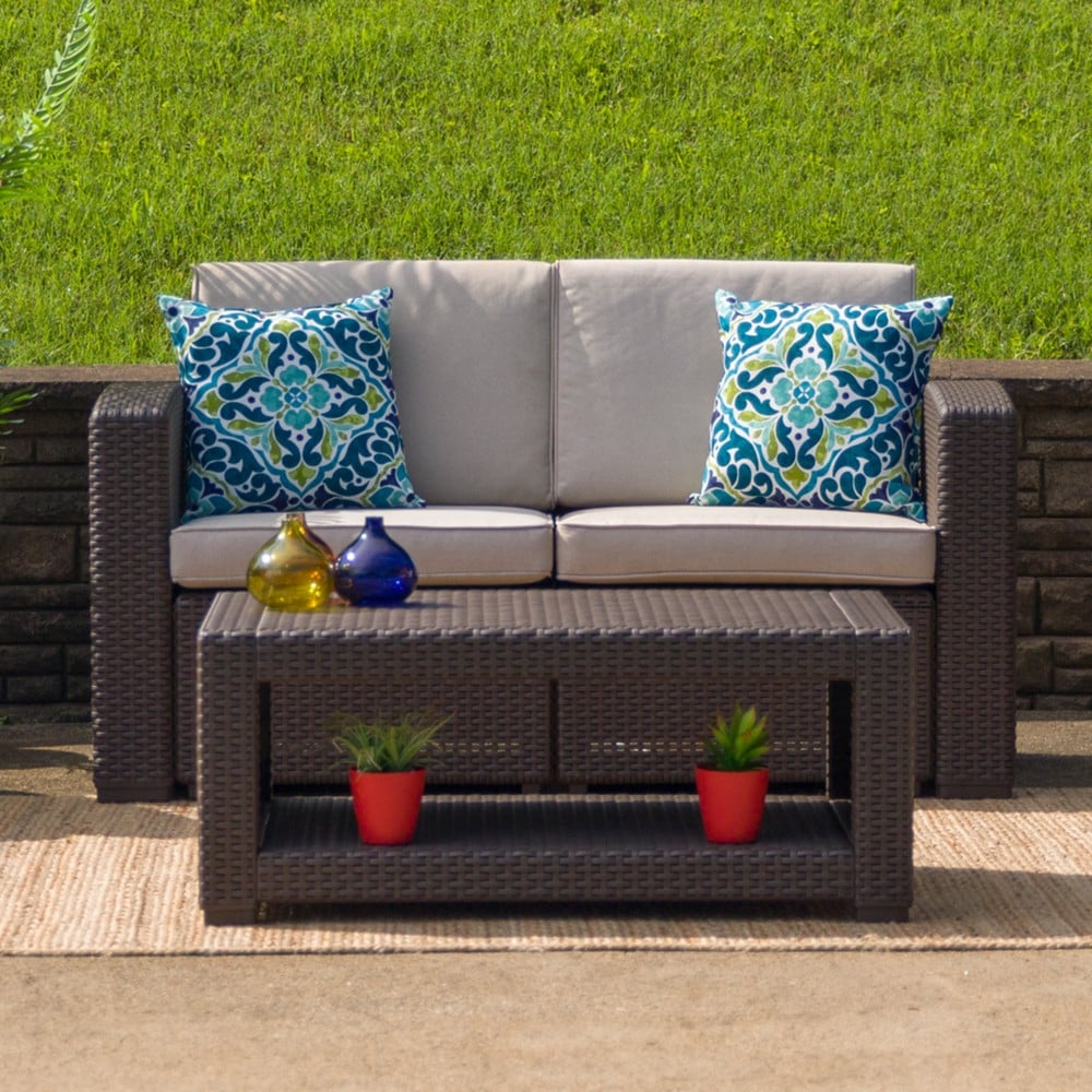 Chocolate Brown Faux Rattan Loveseat With All Weather Cushions