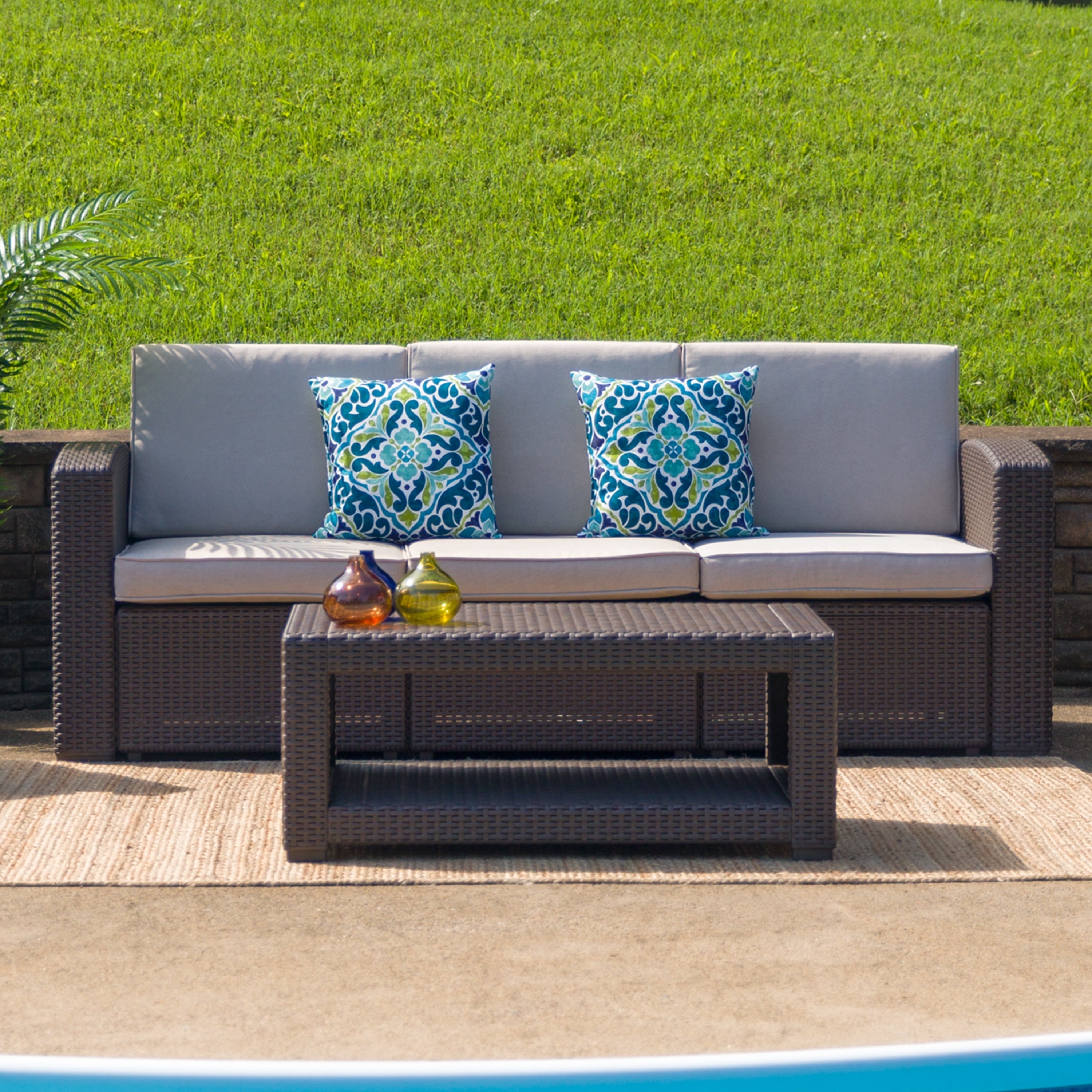 Faux Rattan Sofa With All Weather Cushions
