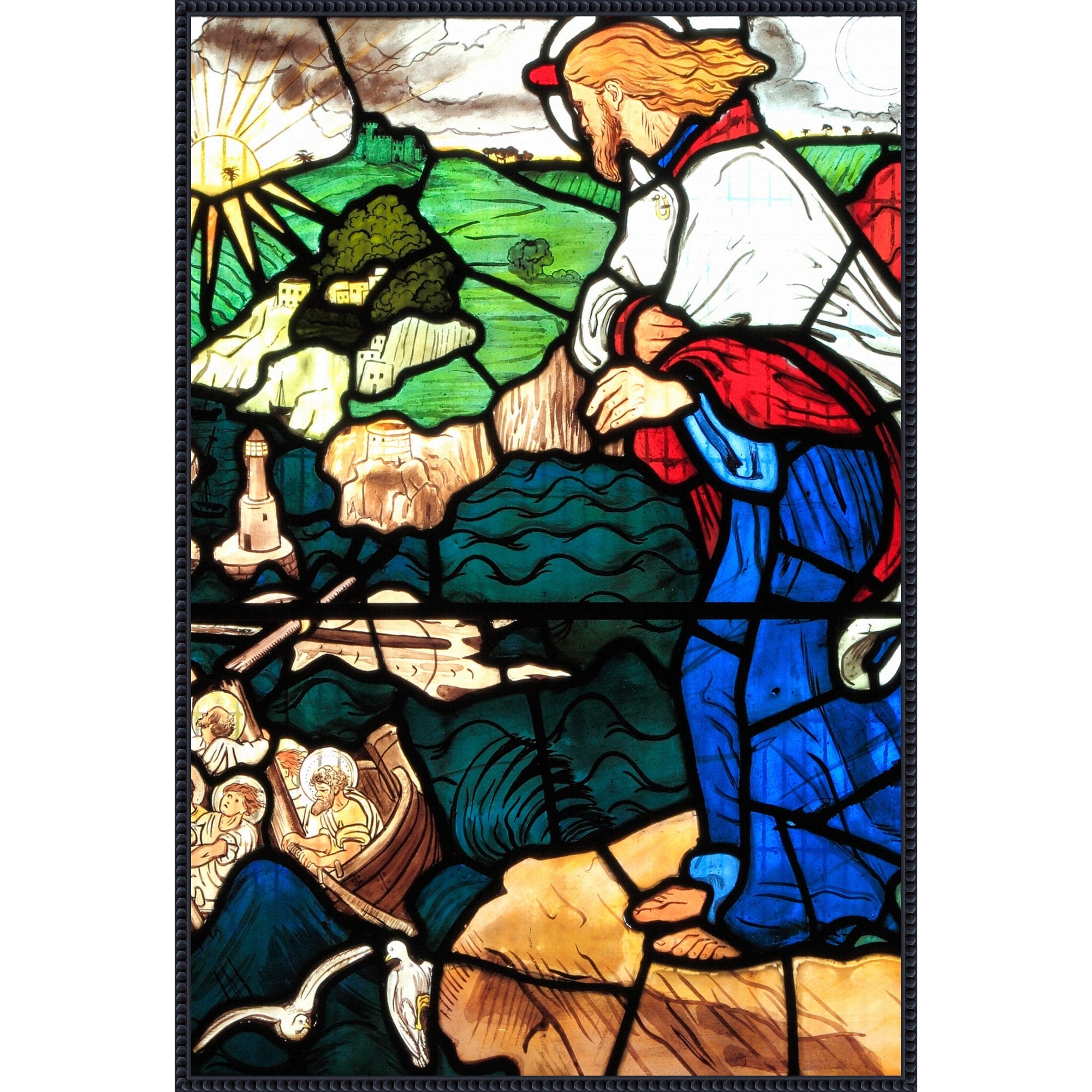 Christ On The Waves Stained Glass By Ford Madox Brown Framed Canvas Wall Art Print