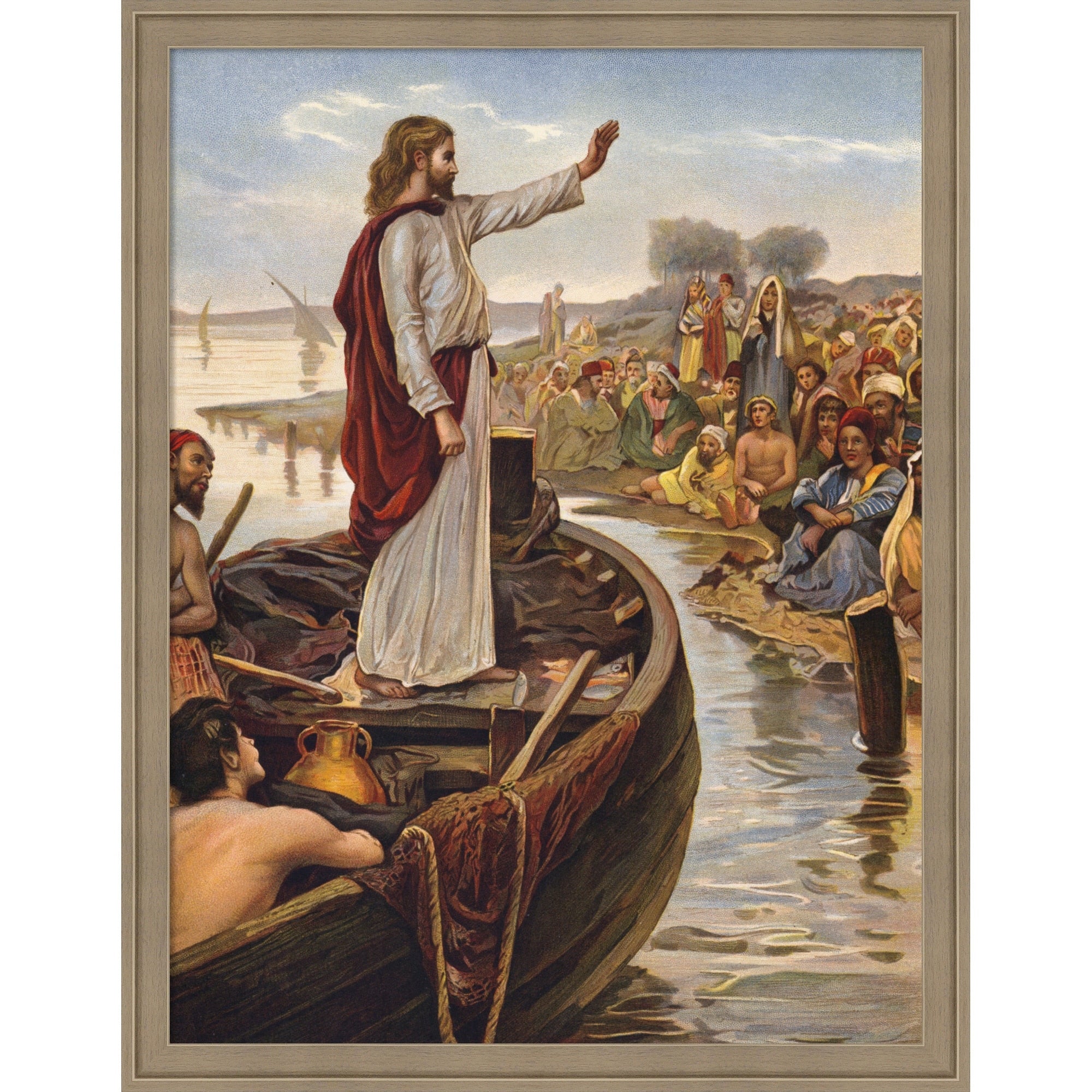 Christ Teaching By The Seaside By English School Framed Mounted Canvas Wall Art Print