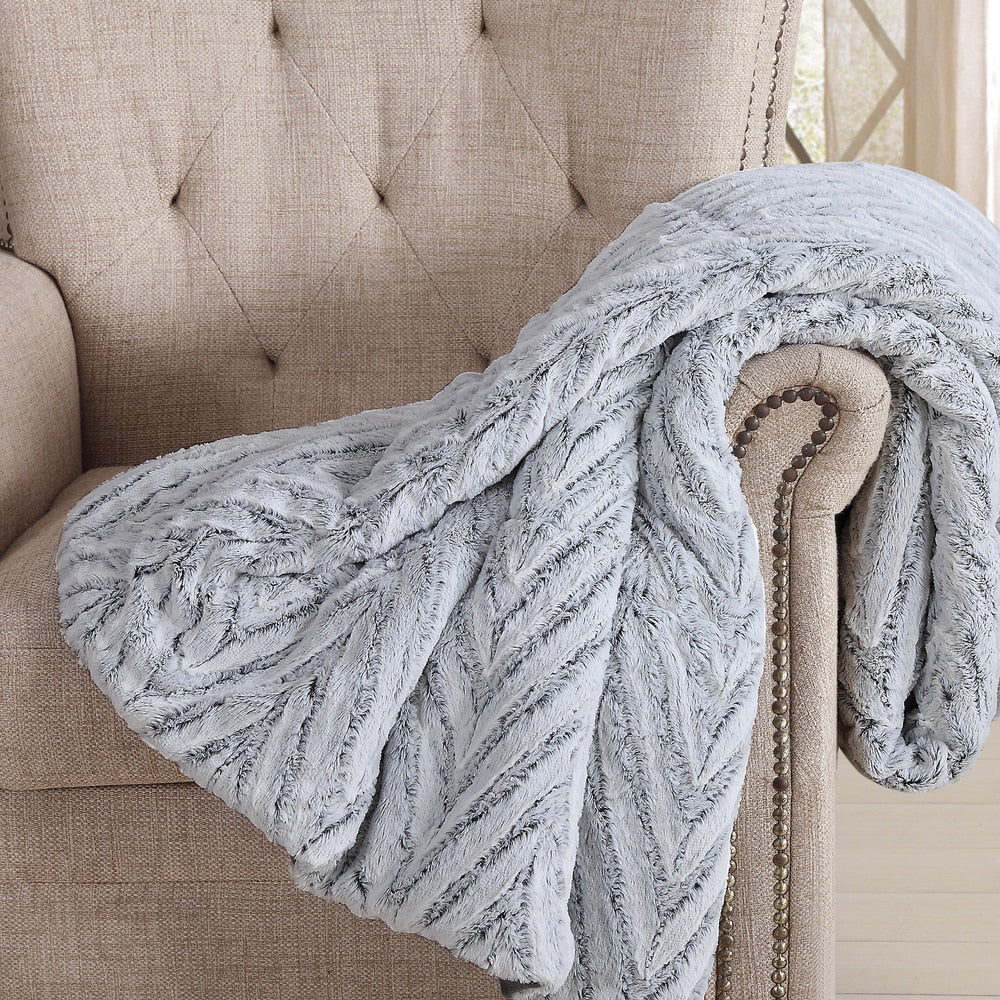 Christian Siriano Grey Chevron Faux Fur 60 Inch X 70 Inch Oversized Filled Throw