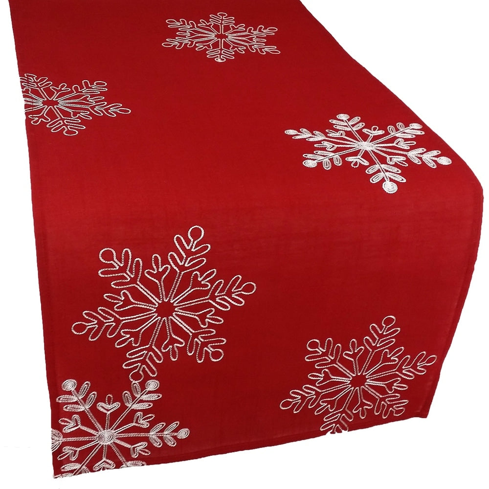 Christmas Red Table Runner Embroidered With White Snowflakes 15 By 90 Inch