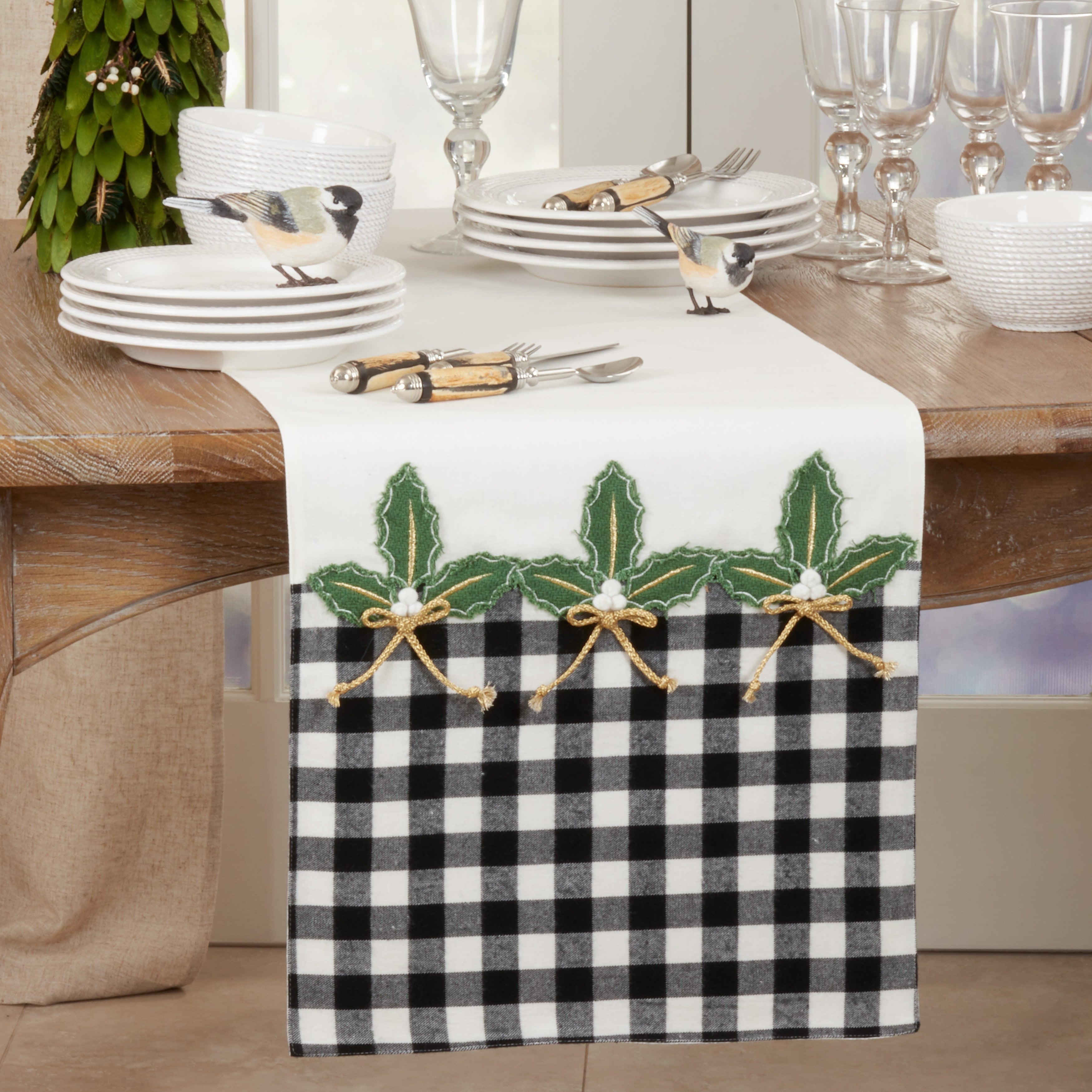 Christmas Table Runner With Buffalo Plaid Holly Design