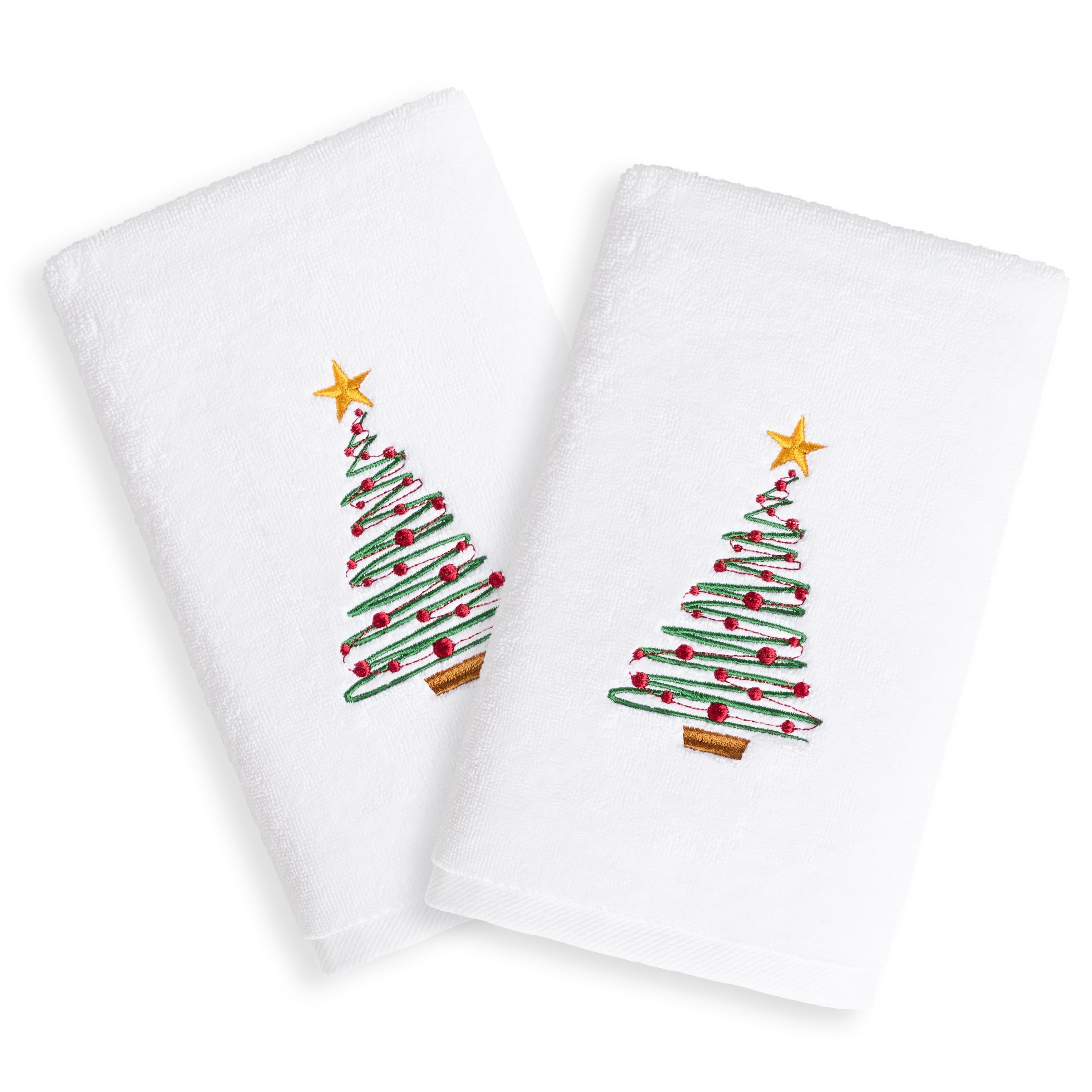 Christmas Tree Embroidered White Turkish Cotton Hand Towels Set Of 2