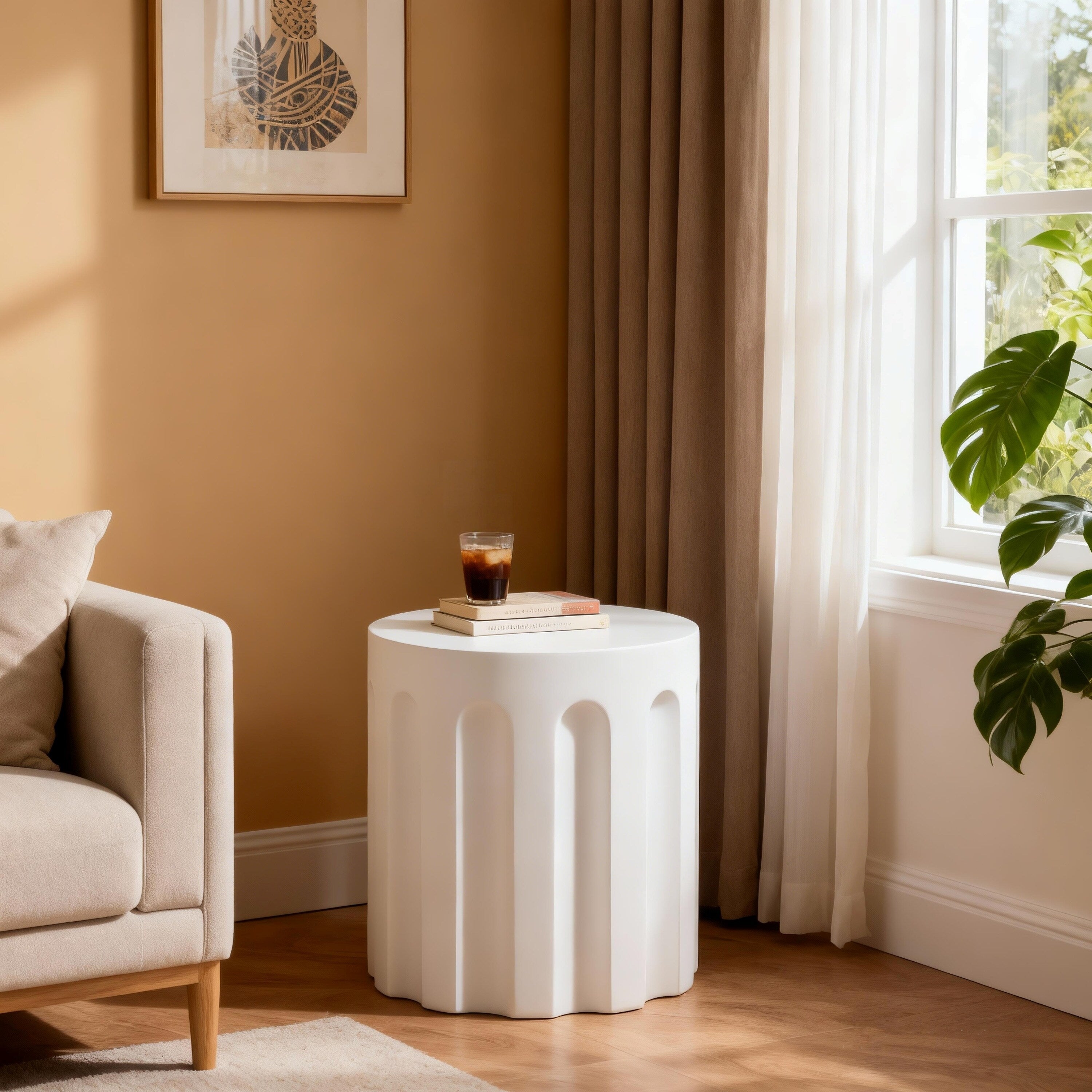Christopher Knight Home 15.75 Modern Cylindrical Concrete Accent Side Table With Vertical Groove Design White