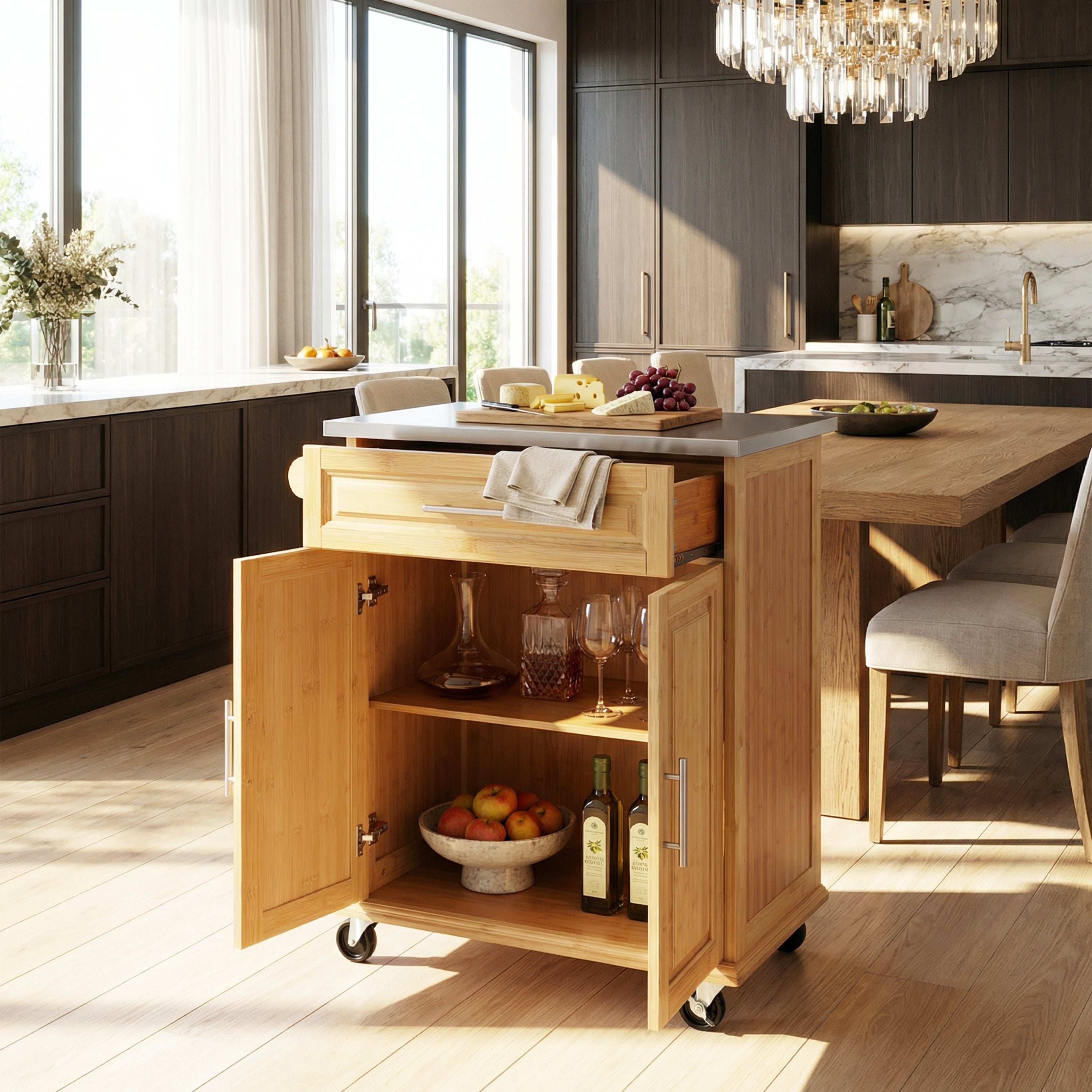Christopher Knight Home 29 W Bamboo Outdoor Kitchen Cart With Stainless Steel Top