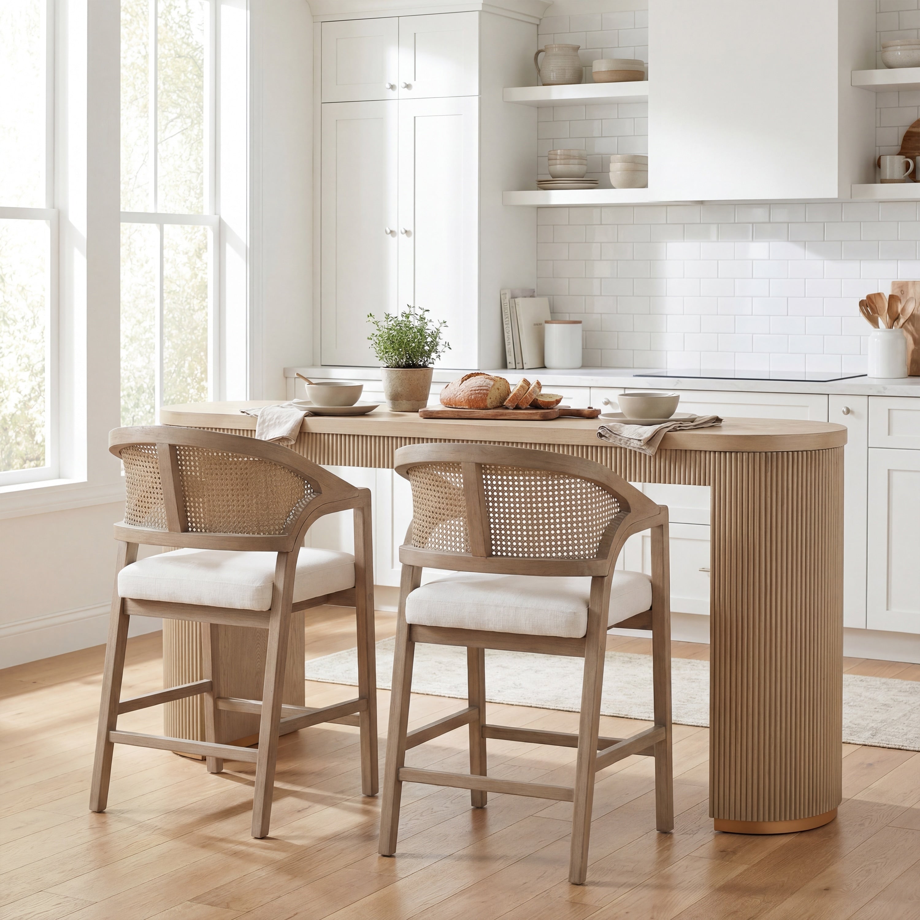 Christopher Knight Home 3 Piece 34.5 Counter Height Dining Set With Curved Pub Bar Table Wood Stools Rattan Back
